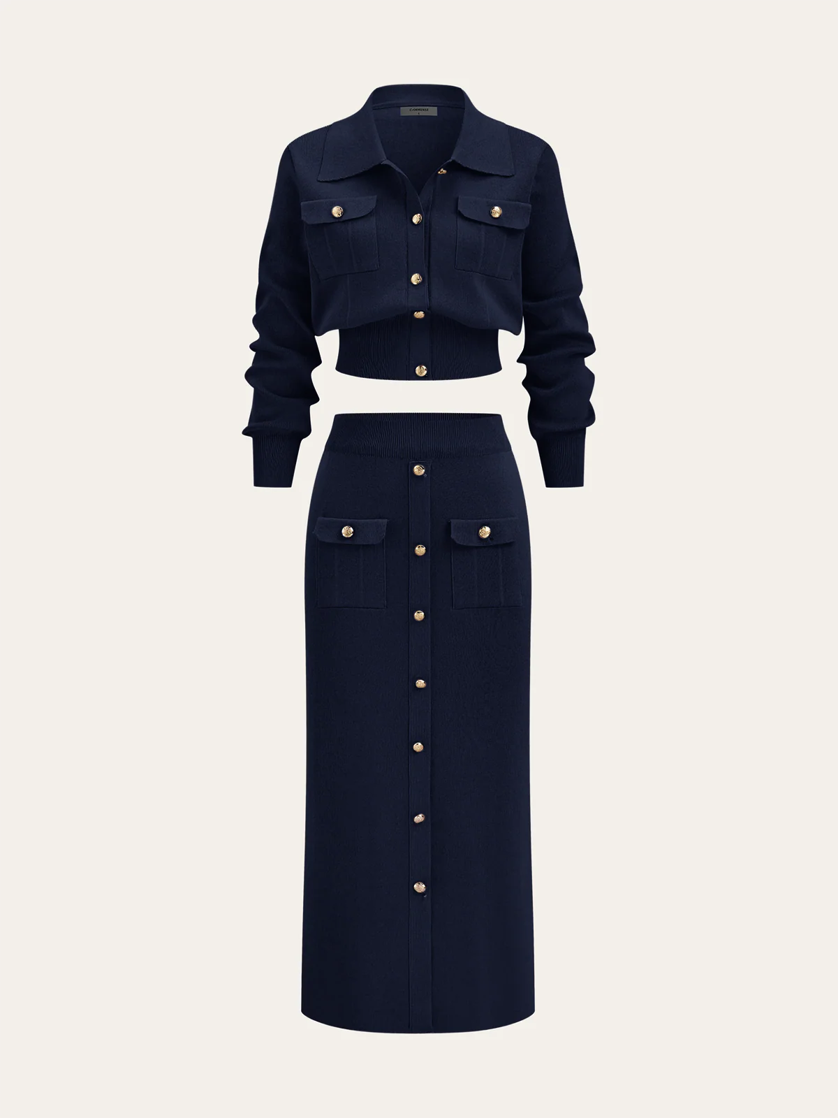 Metal Button Collared Cardigan and Midi Skirt Set