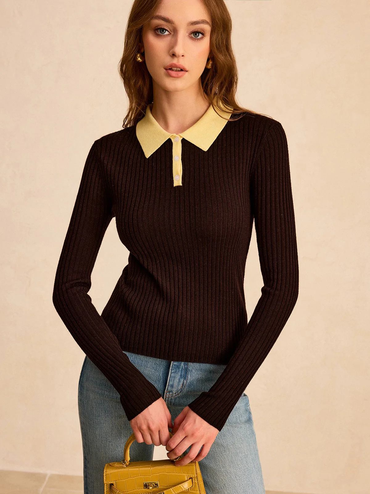 Contrast Collar Wool Blend Polo Knit Top