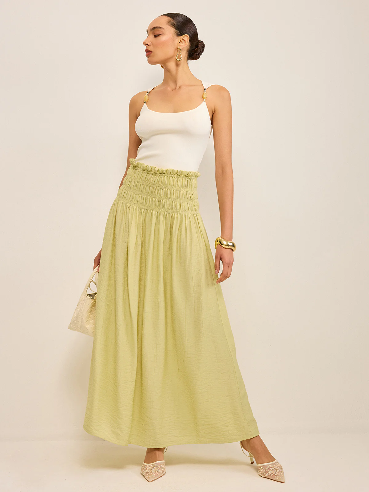 Pleated Linen Smocked Maxi Skirt