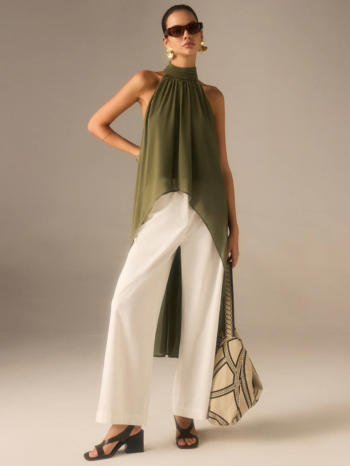 Semi-Sheer Halter-Neck Chiffon Long Top