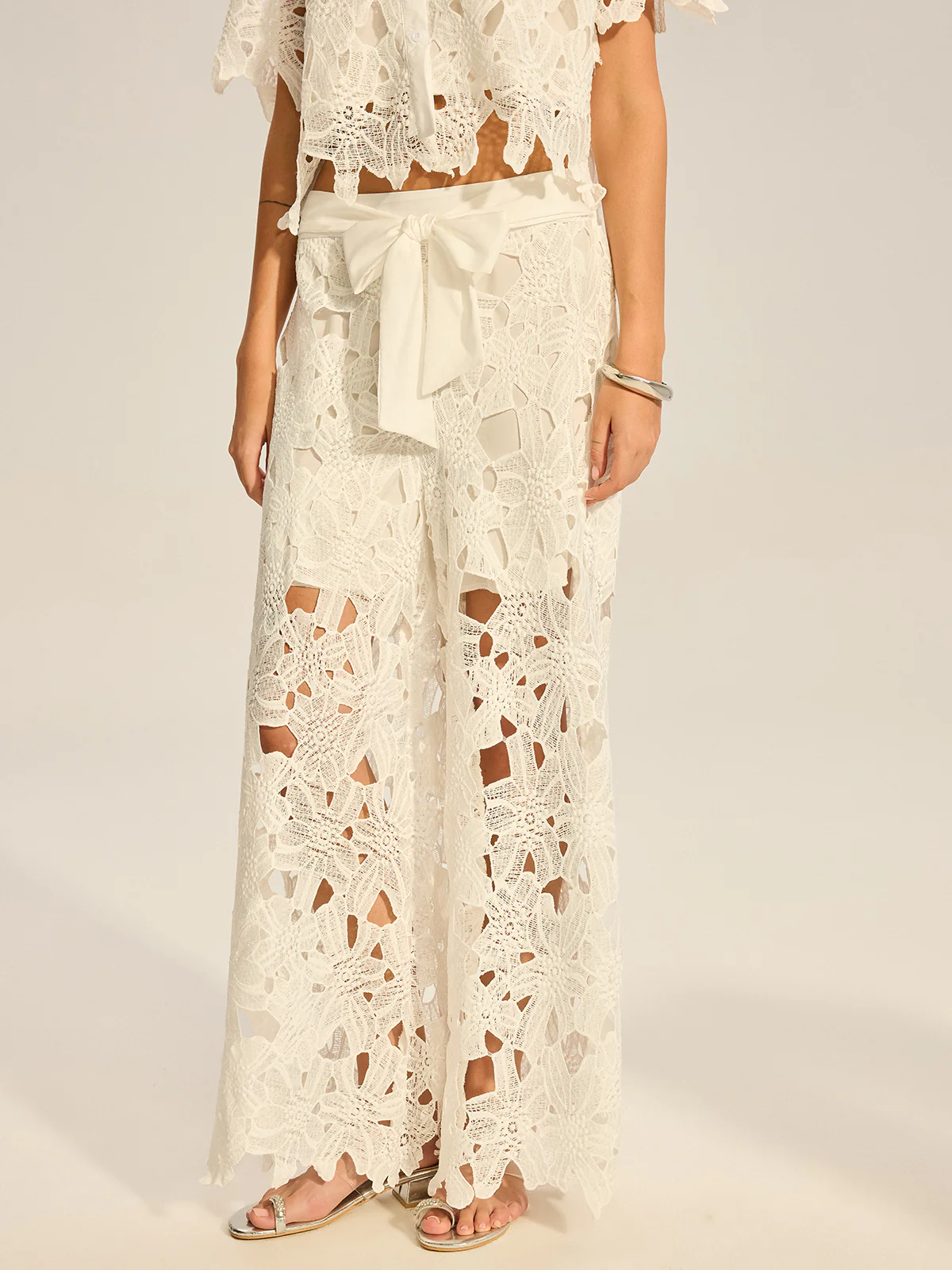 Lace Crochet Cut-Out Top and Wide-Leg Pants Set