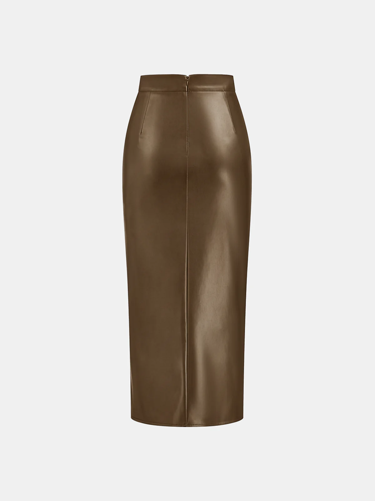 Ruched Slit PU Leather Midi Skirt