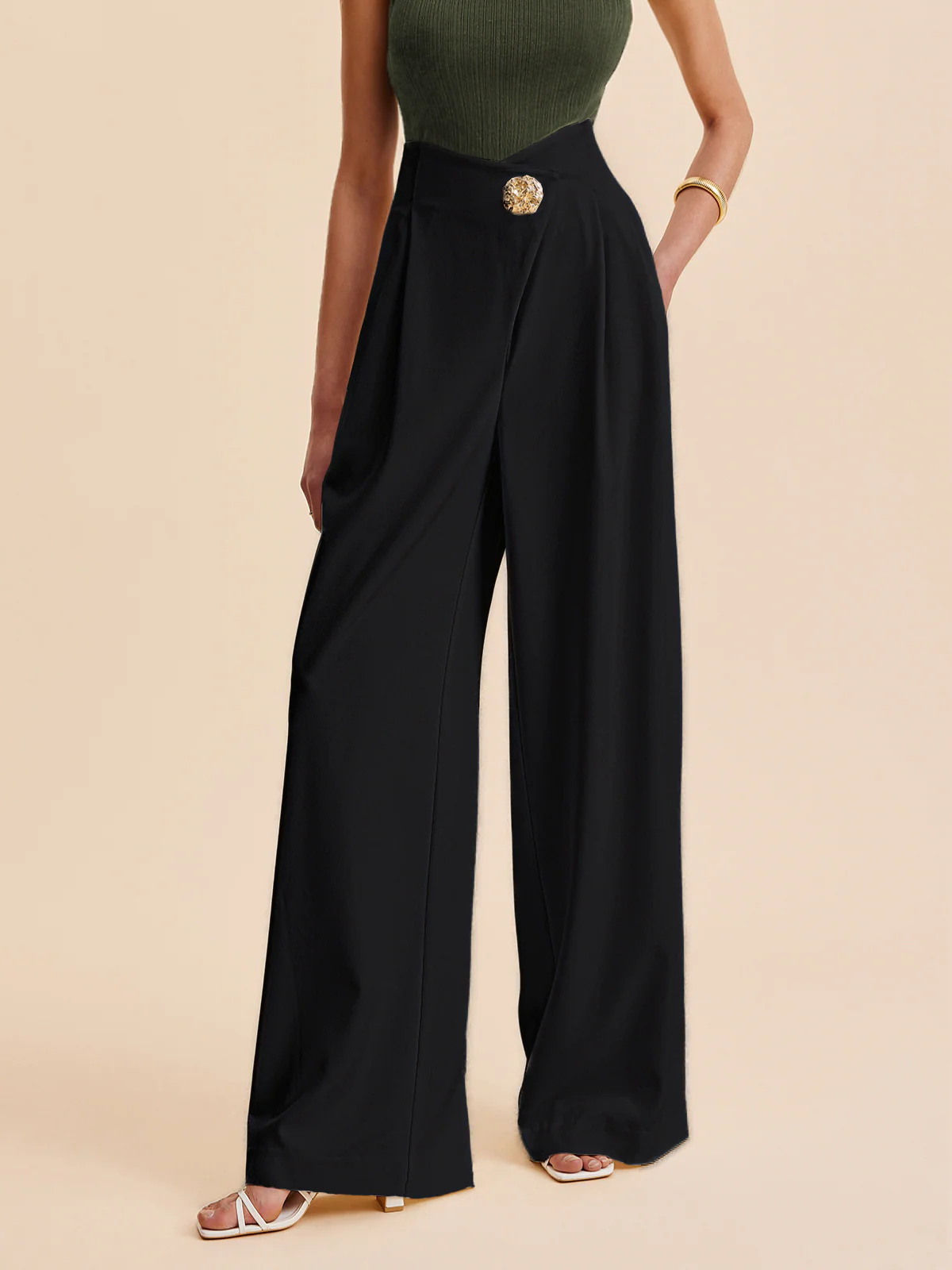 Embellished High-Waist Wide-Leg Pants
