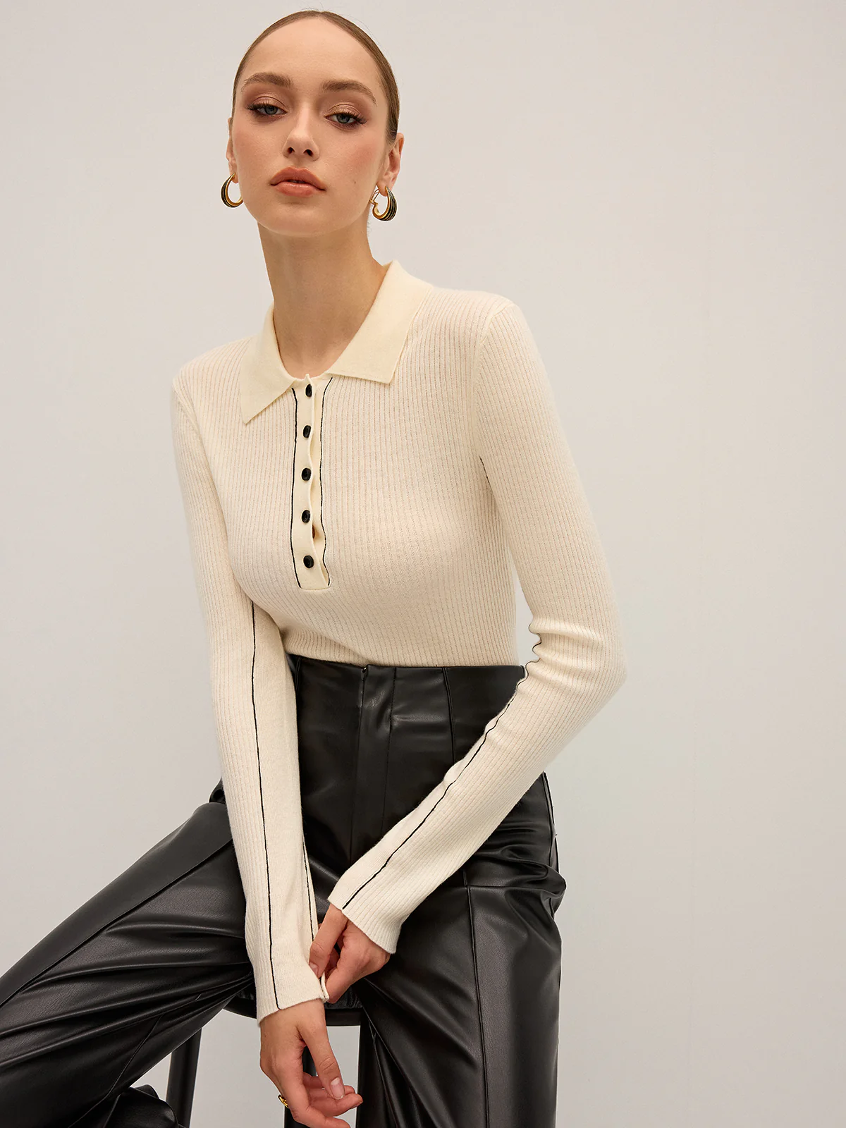 Wool Blend Ribbed Polo Knit Top