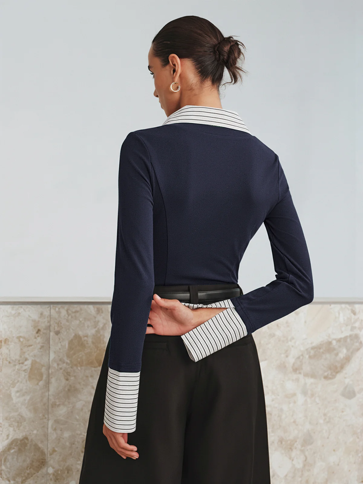 Mock Two-Piece Long-Sleeve Two Tone Polo Top