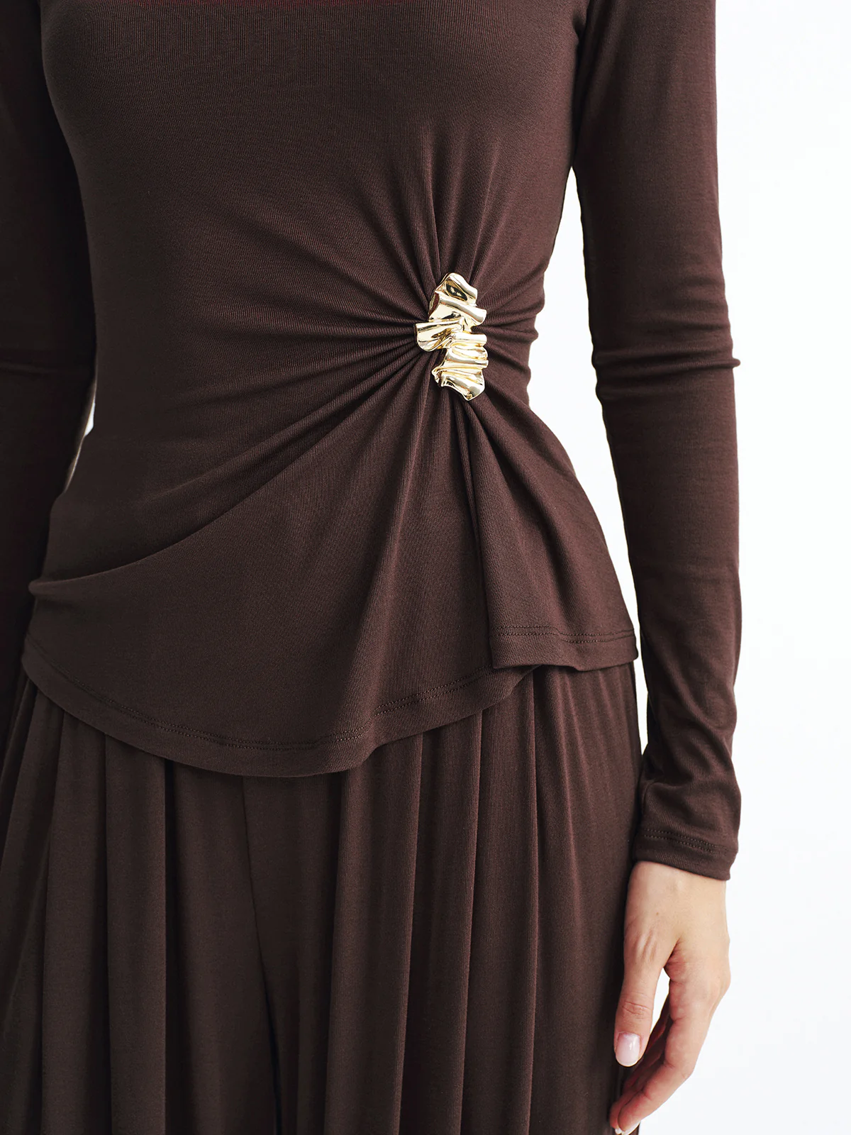 Metal Detail Top and Wide-Leg Pants Set