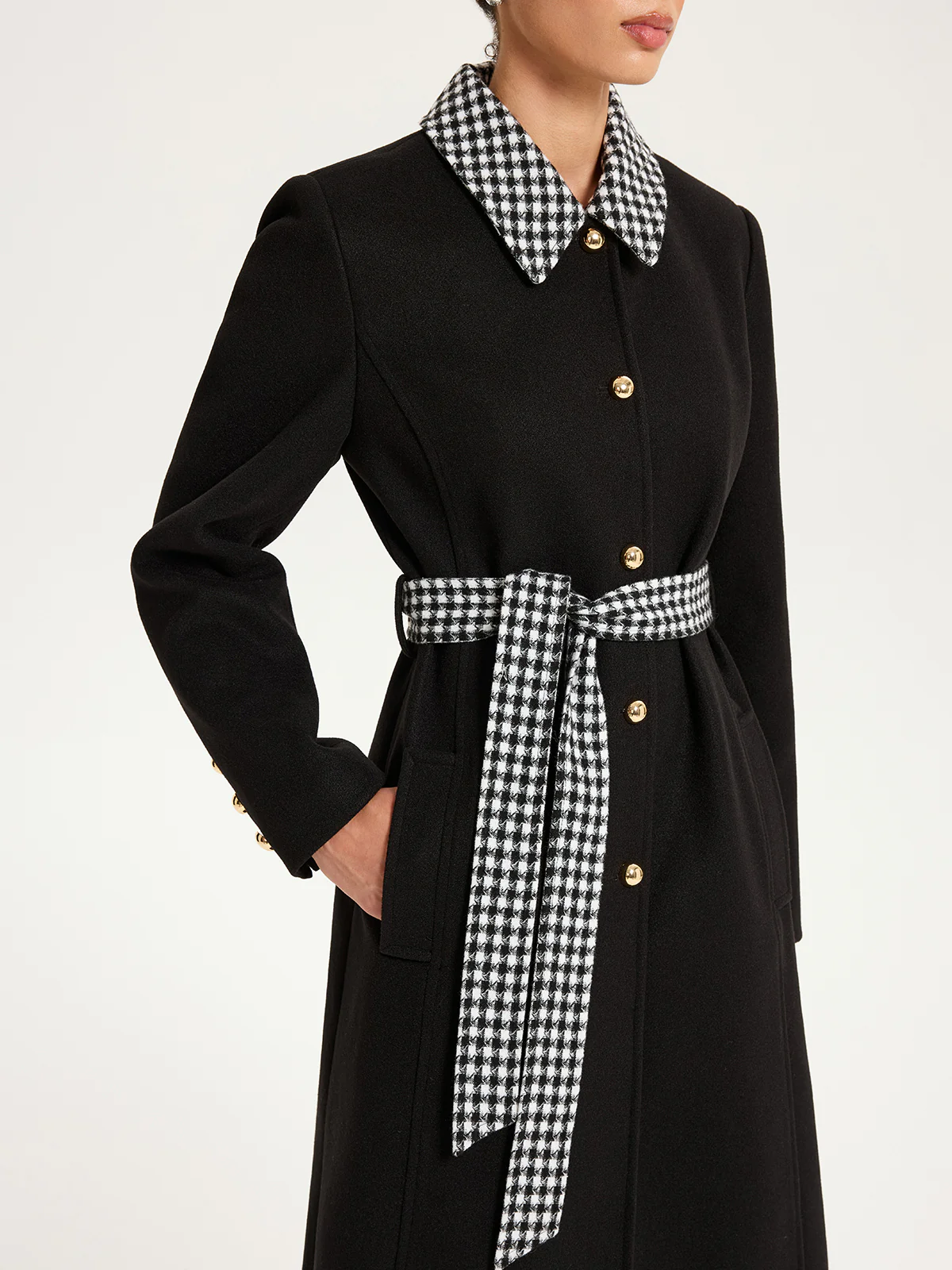 Belted Houndstooth Collar Long Coat