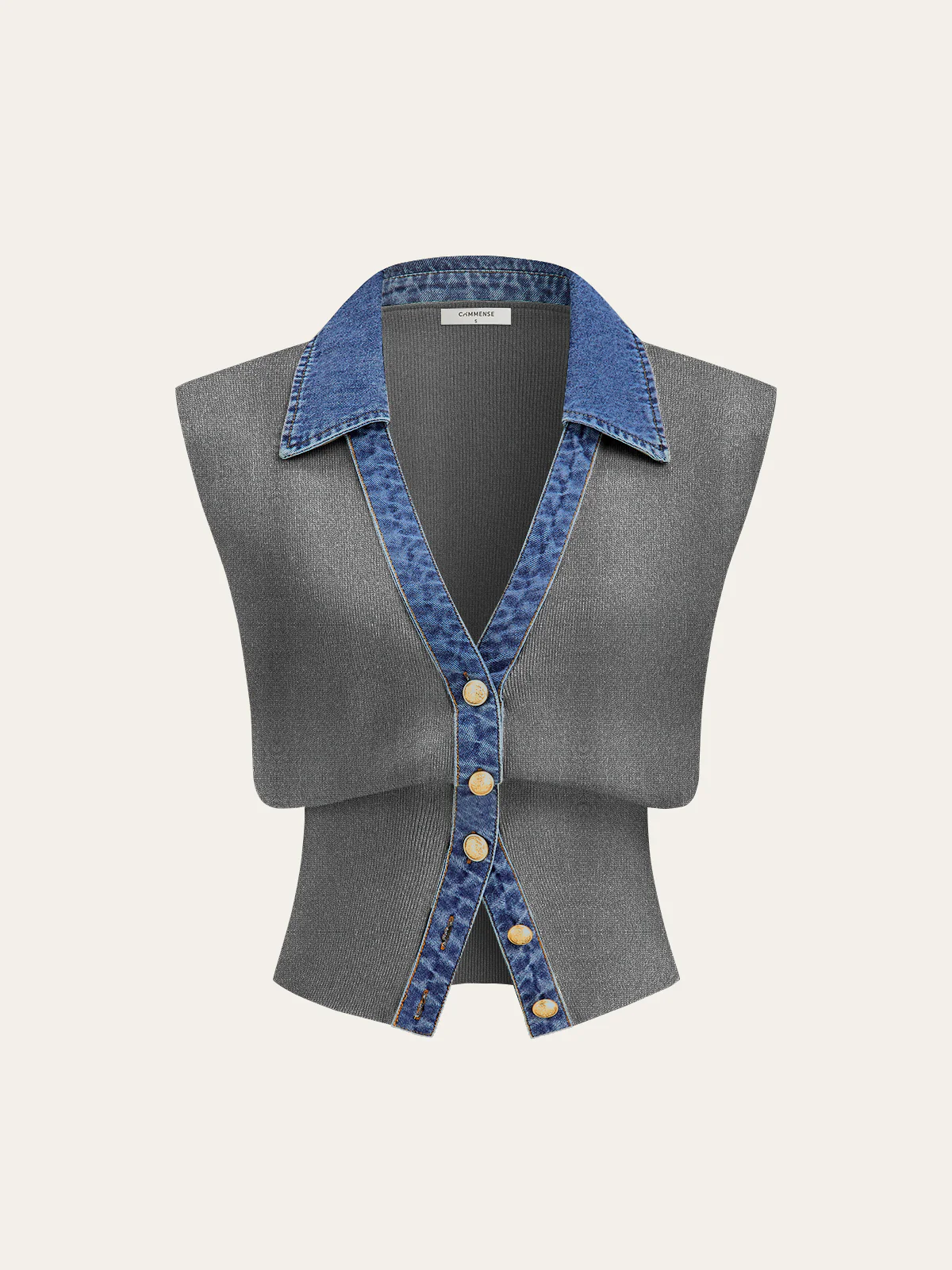 Denim Trim Metal Button Knit Vest