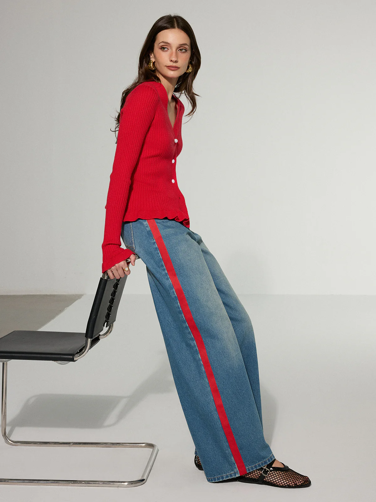 Contrast Side Striped Wide-Leg Jeans