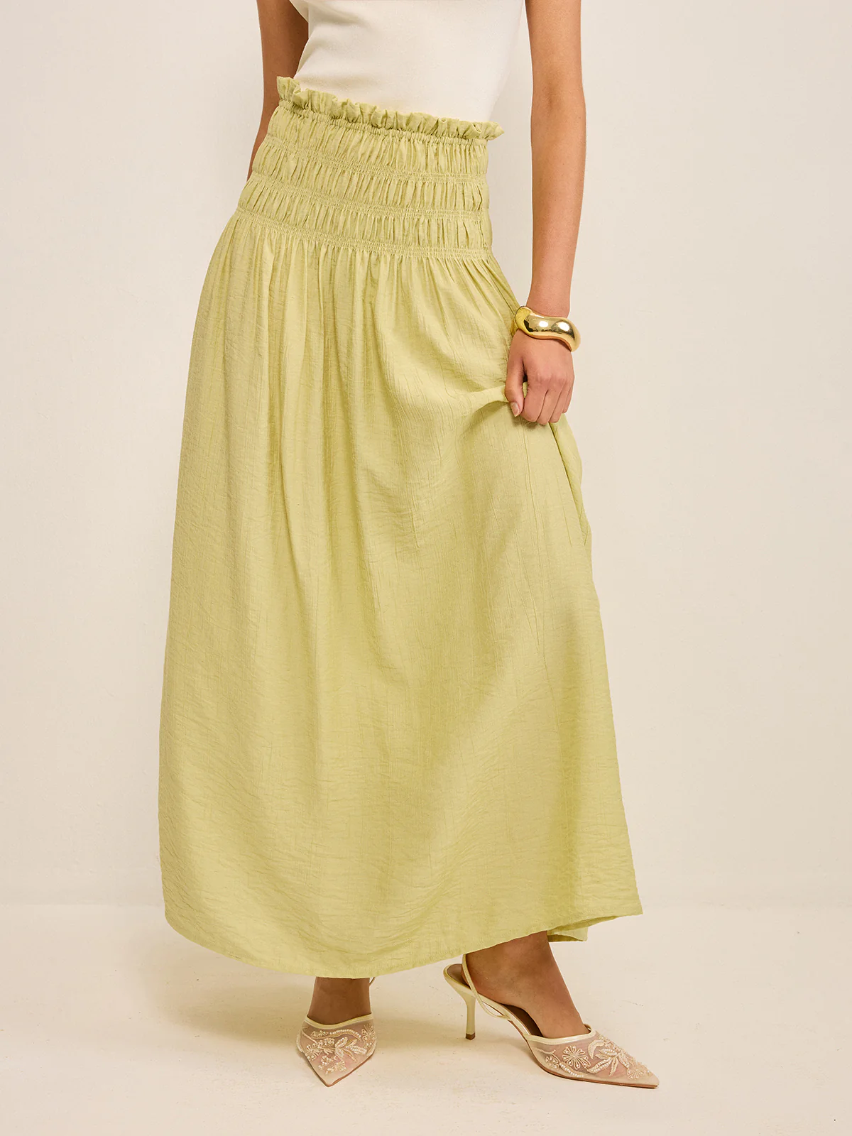 Pleated Linen Smocked Maxi Skirt
