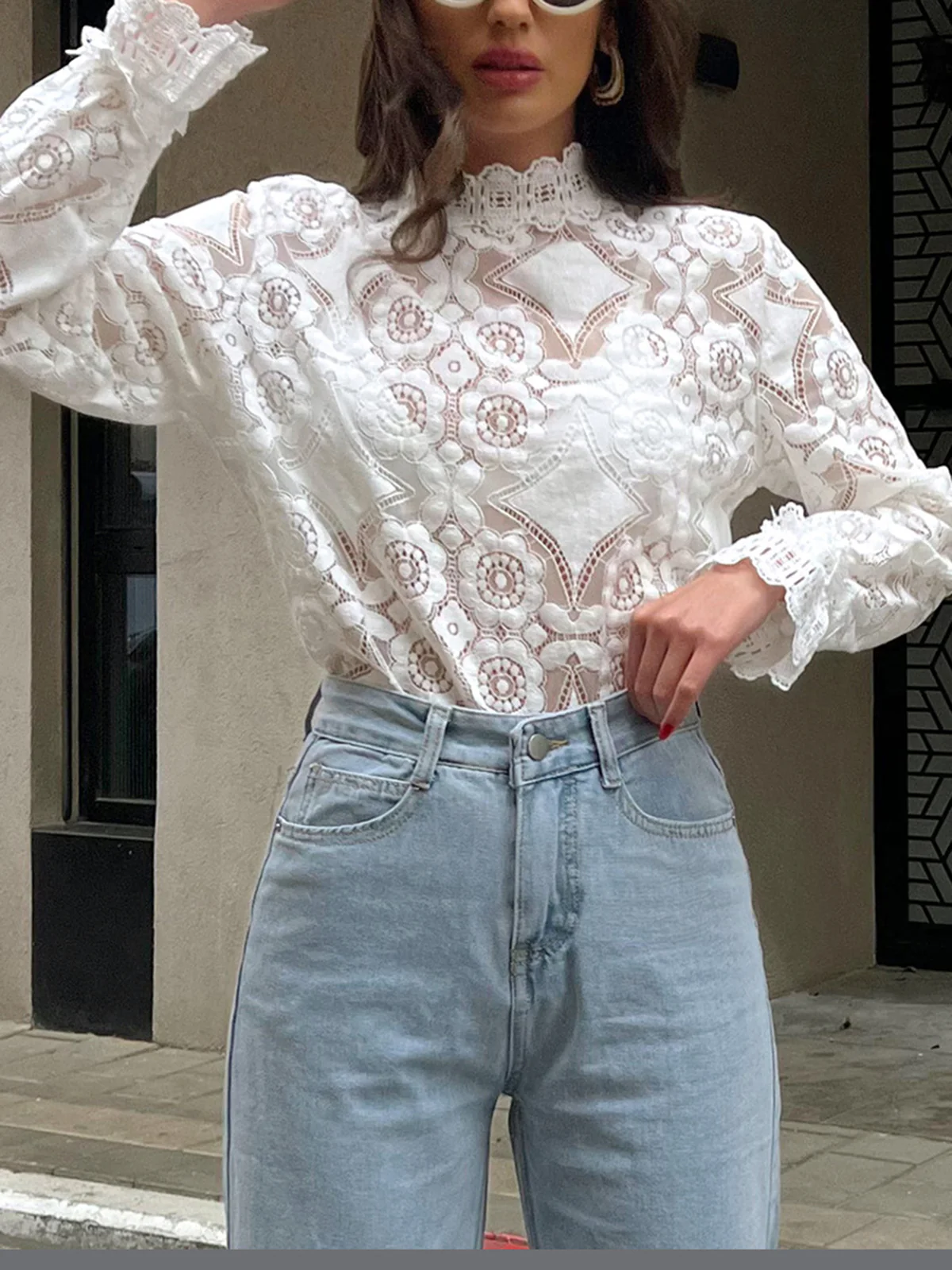 Semi-Sheer Lace Embroidery Floral Mock Neck T-Shirt