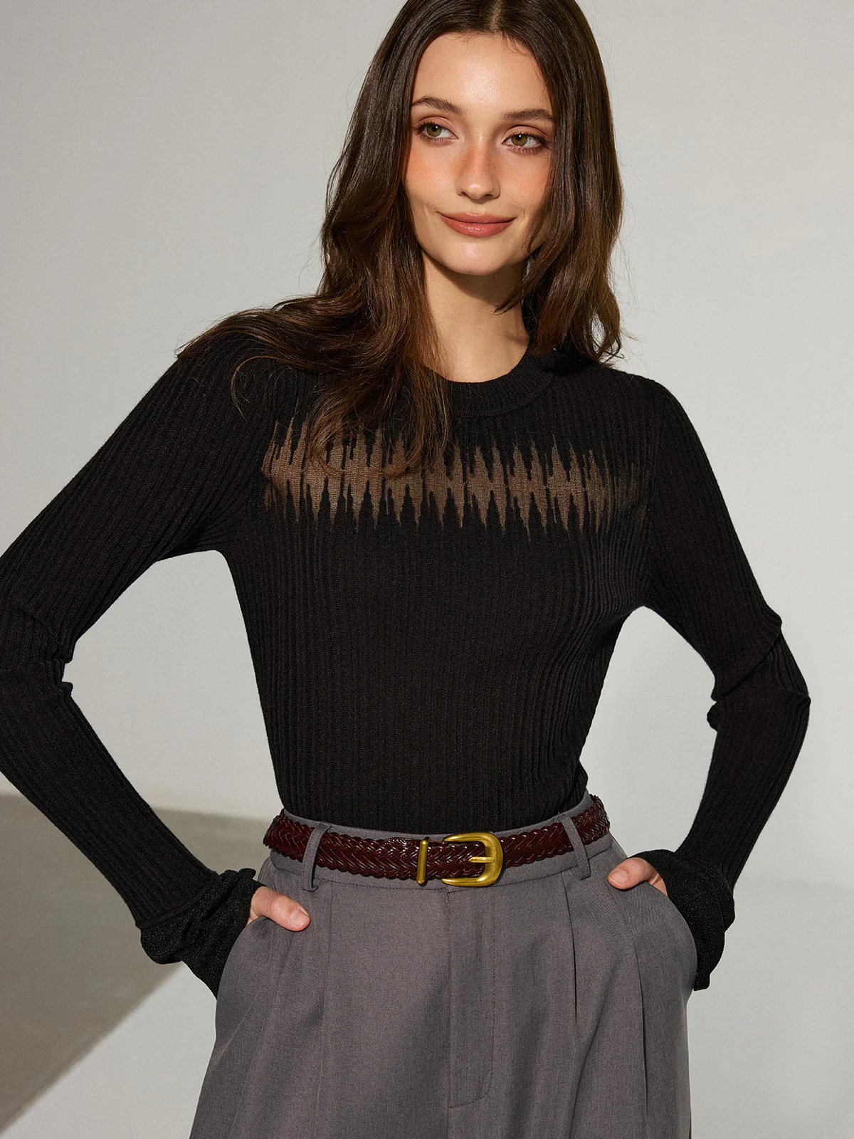 Flared Cuff Sheer Panel Knit Top