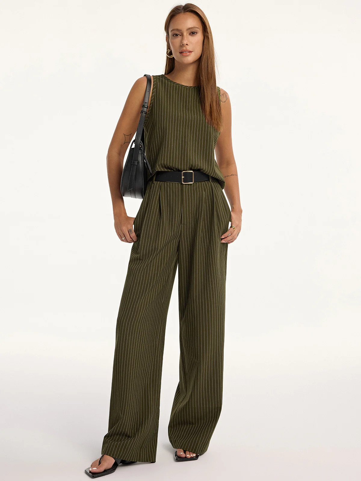 Pinstripe Sleeveless Top and Pants Set with Belt