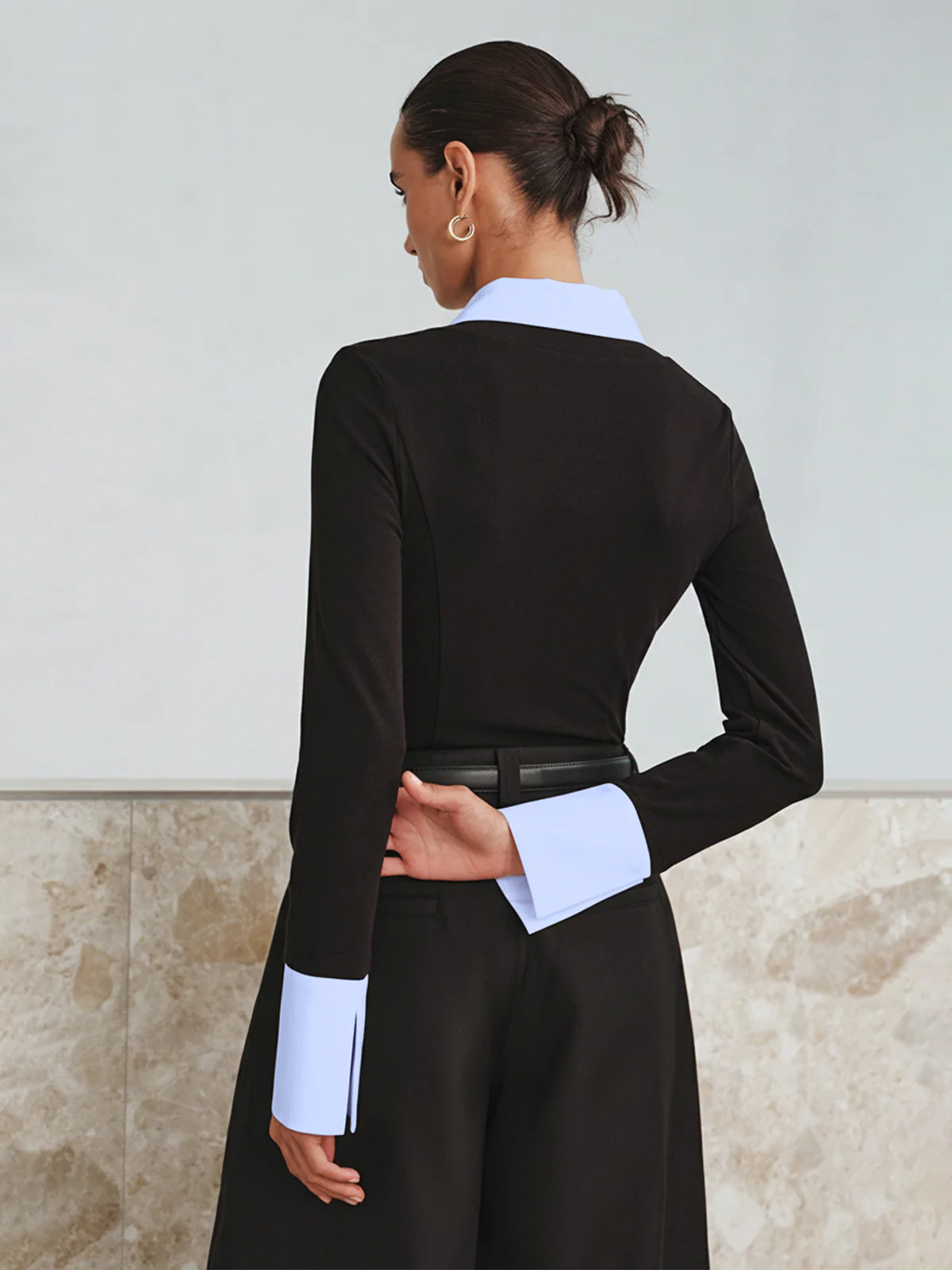 Mock Two-Piece Long-Sleeve Two Tone Polo Top