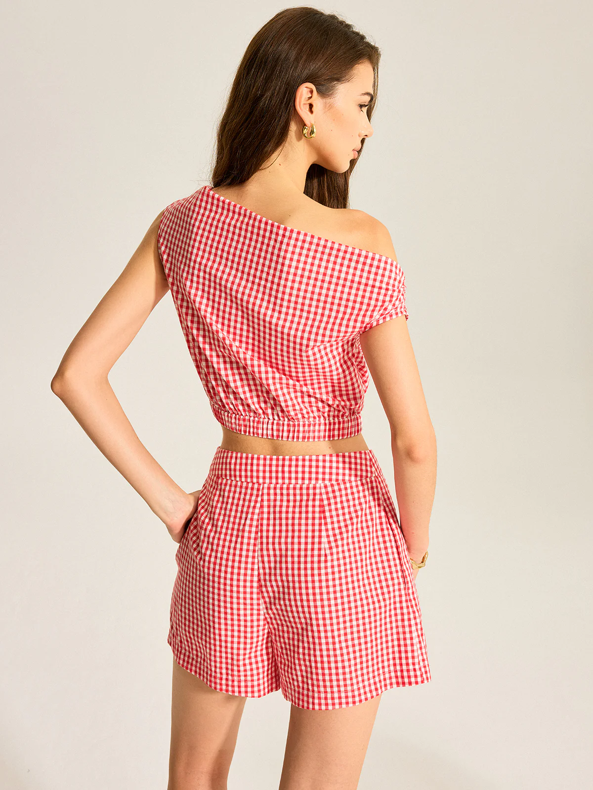 Gingham One-Shoulder Top and Shorts Set