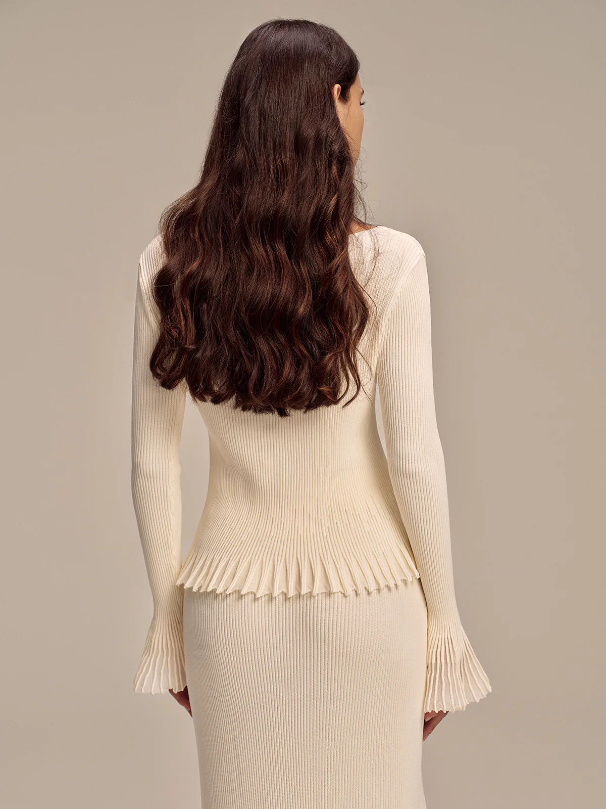 Ribbed Knit Mesh Ruffled Hem Bell Sleeve Top