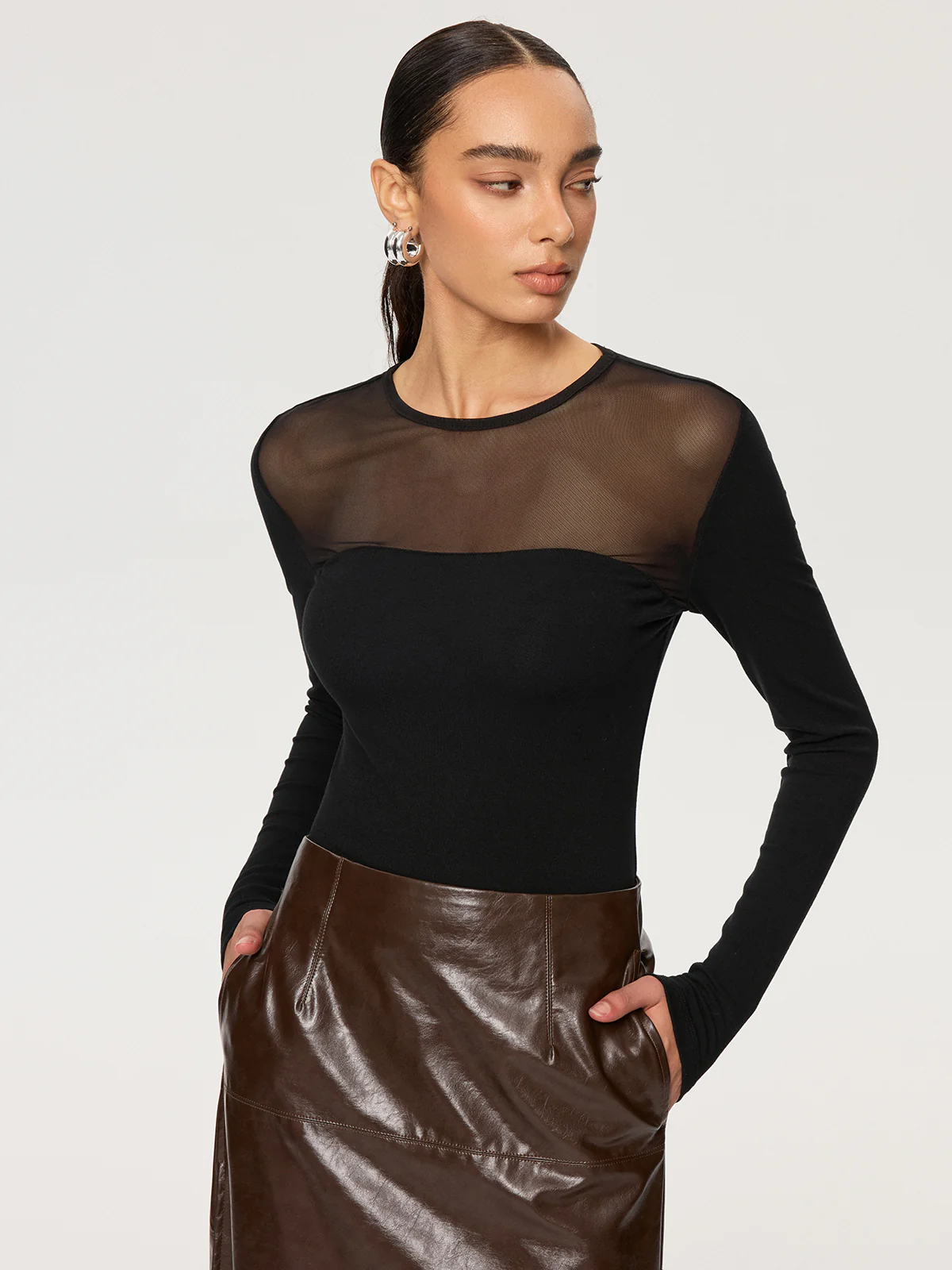 Sheer Panel Long Sleeve T-Shirt