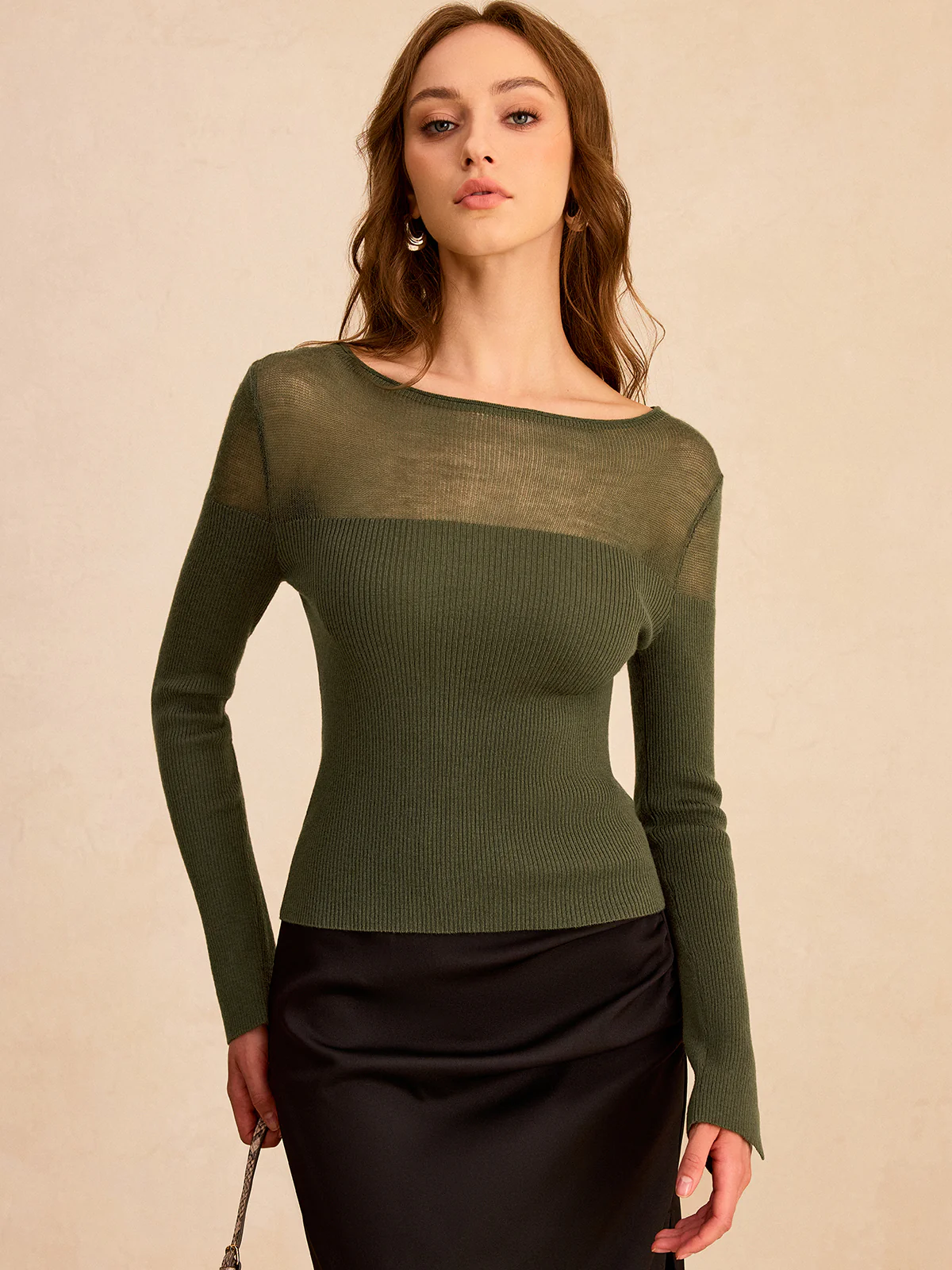 Sheer-Paneled Boat Neck Knit Top