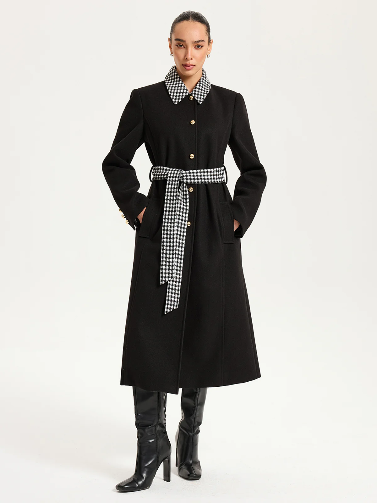 Belted Houndstooth Collar Long Coat