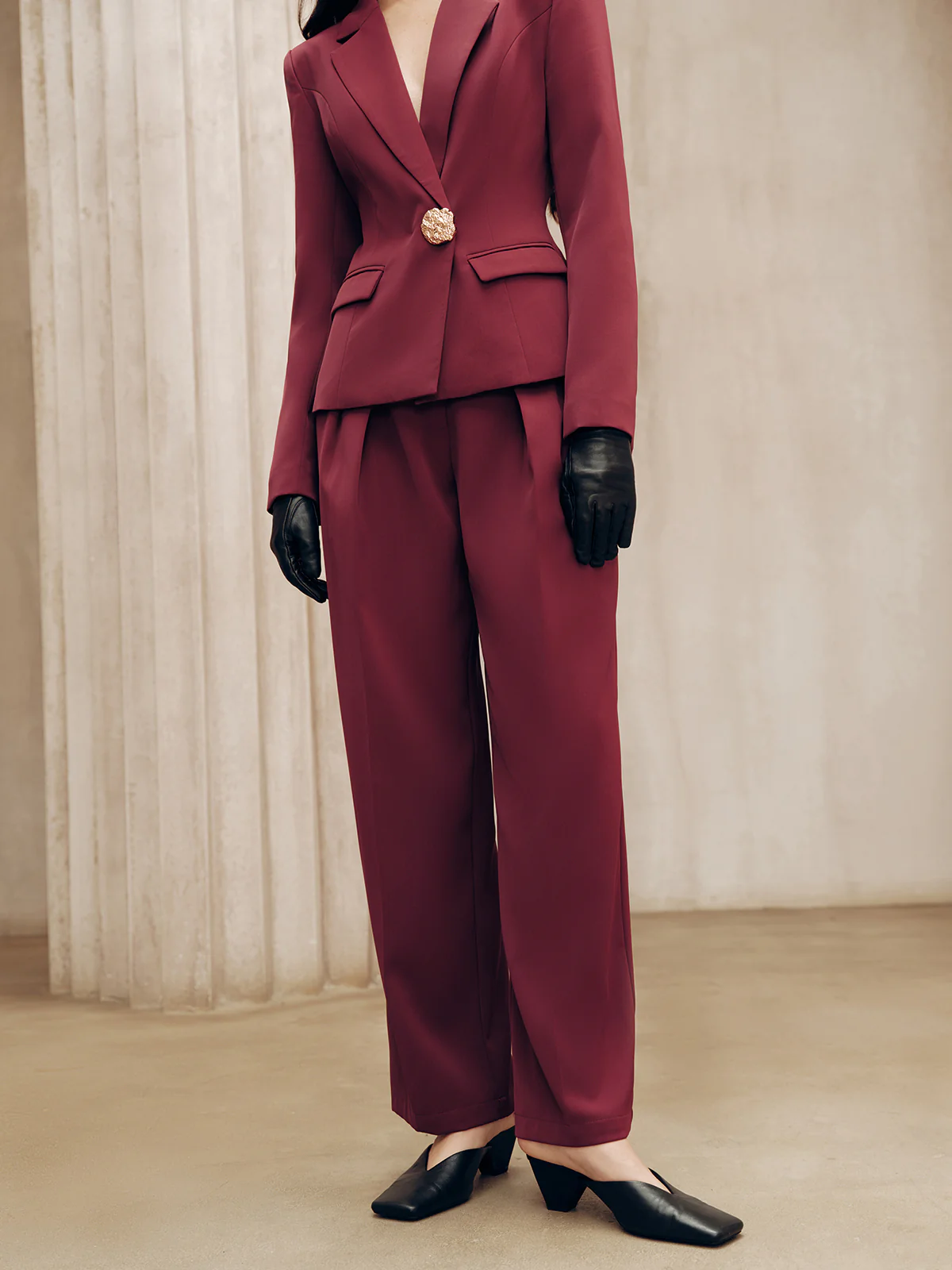 Mid-Waist Pleated Wide-Leg Pants