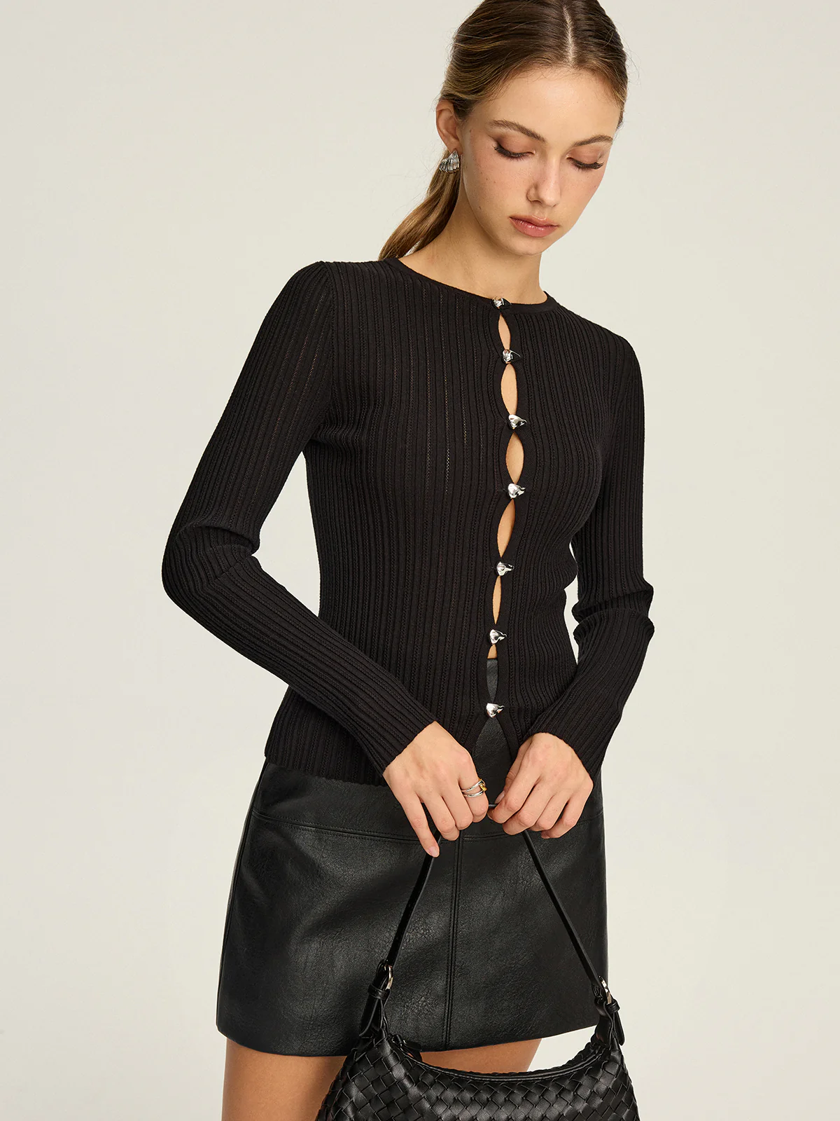 Metal Detail Cut-Out Ribbed Knit Top