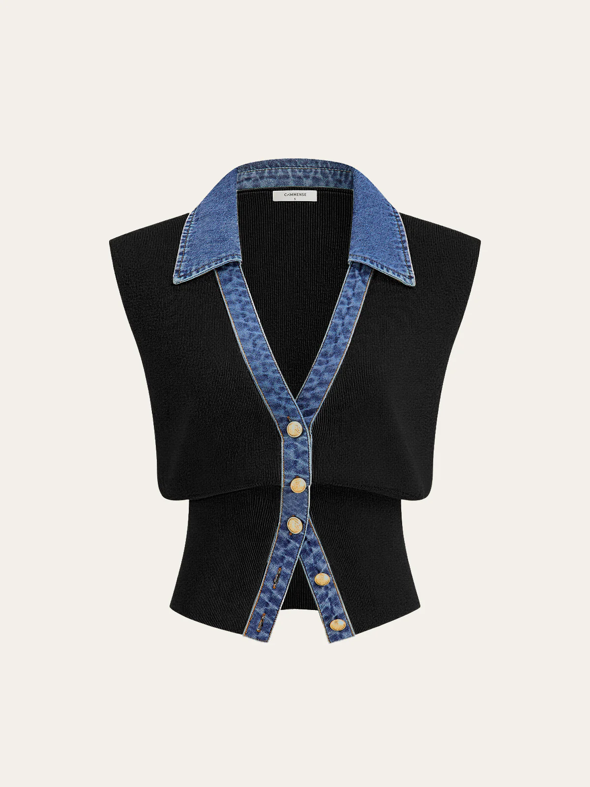 Denim Trim Metal Button Knit Vest