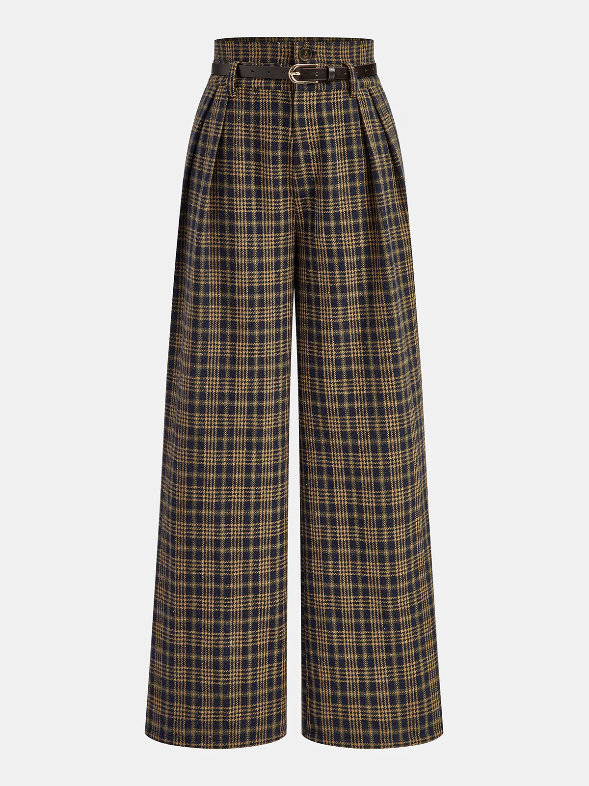 Belted Plaid High-Waisted Pants
