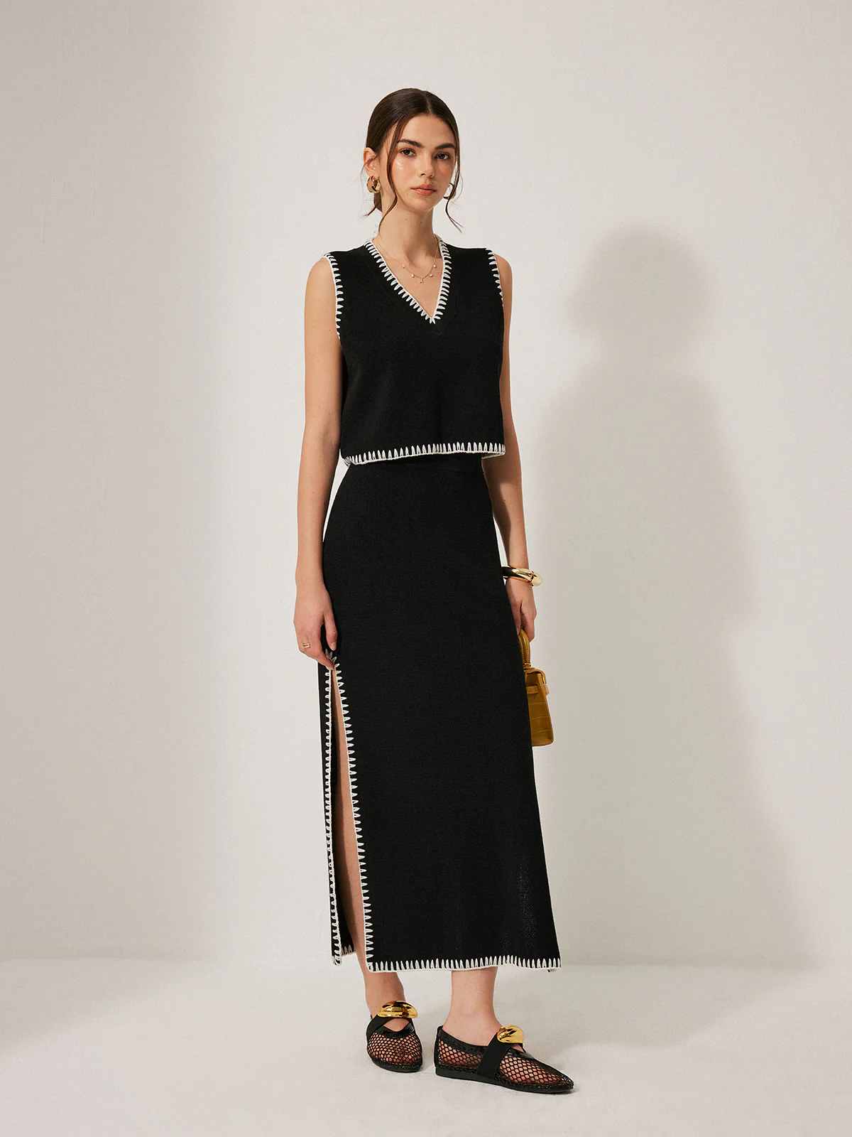 Contrast Trim Knit Tank Top With Skirt Set