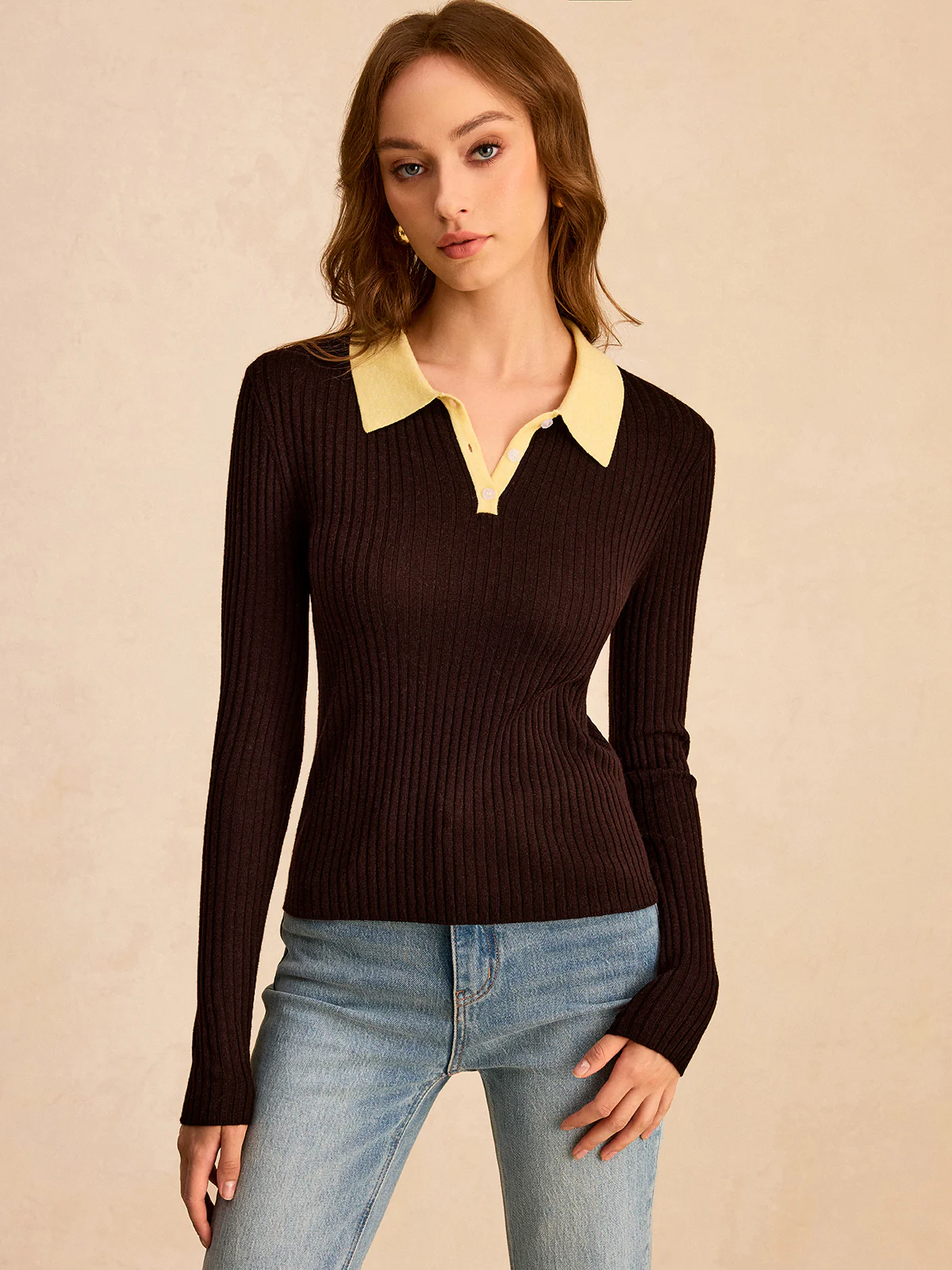 Contrast Collar Wool Blend Polo Knit Top