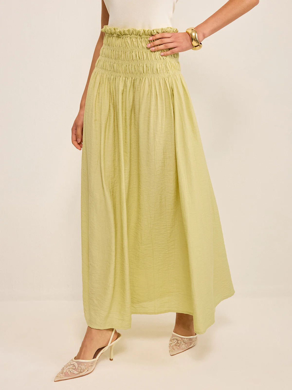 Pleated Linen Smocked Maxi Skirt