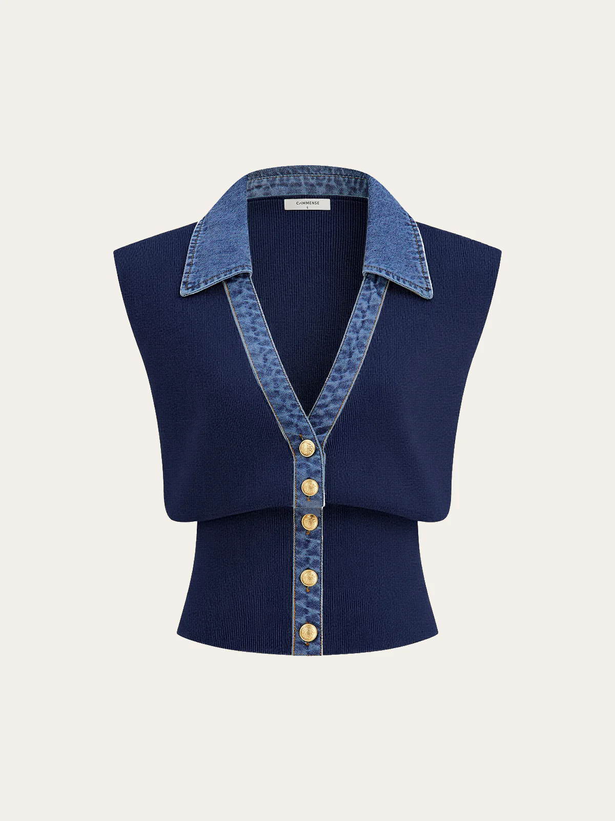 Denim Trim Metal Button Knit Vest