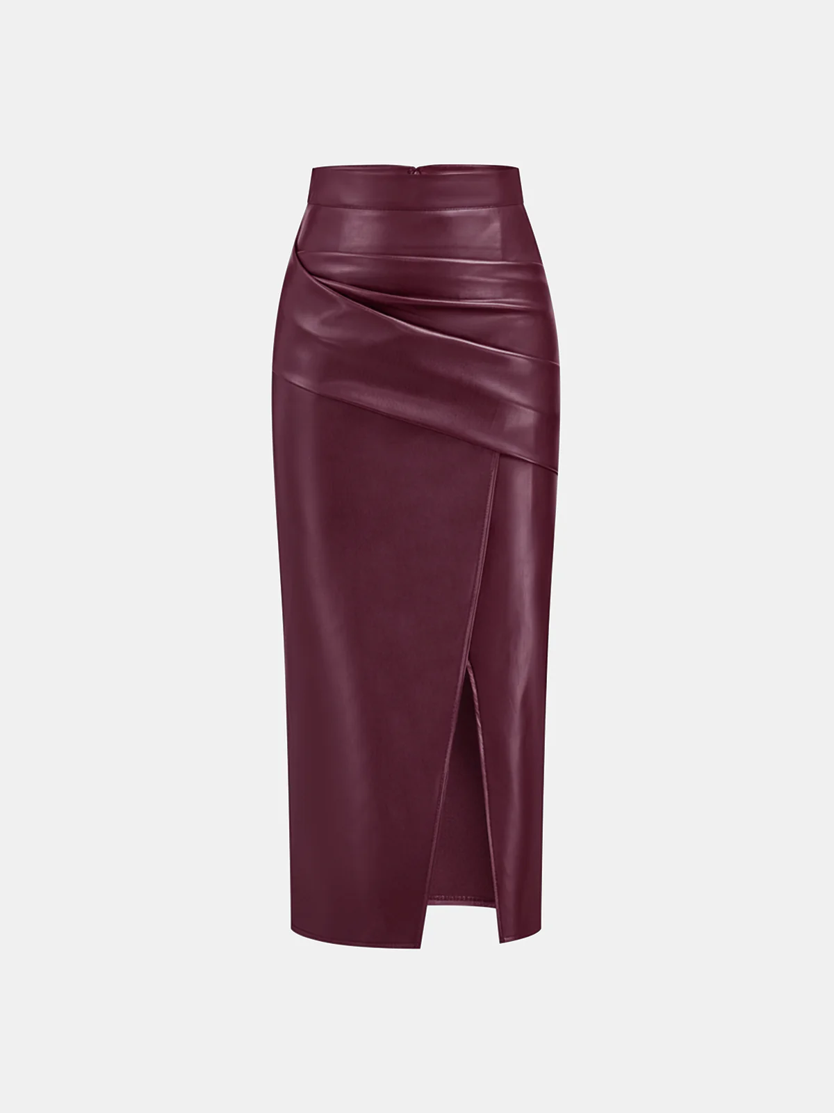 Ruched Slit PU Leather Midi Skirt