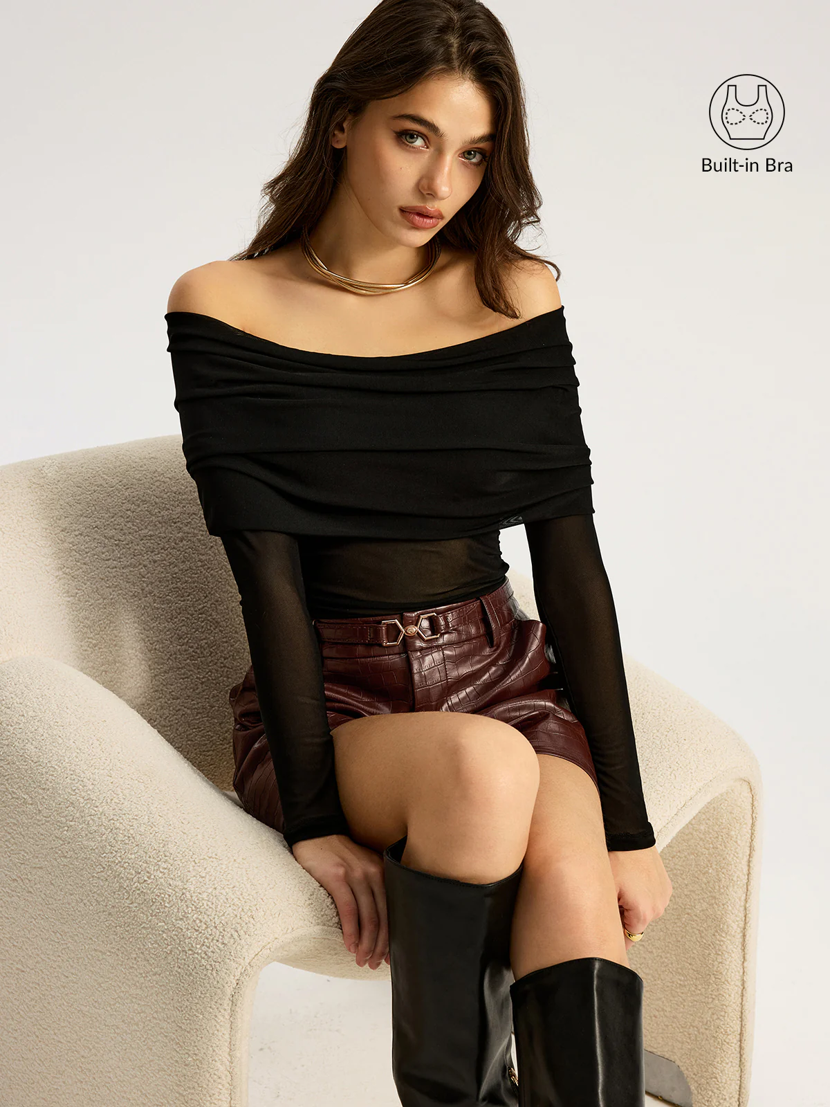 Bra-Free Off-Shoulder Long Sleeve T-Shirt