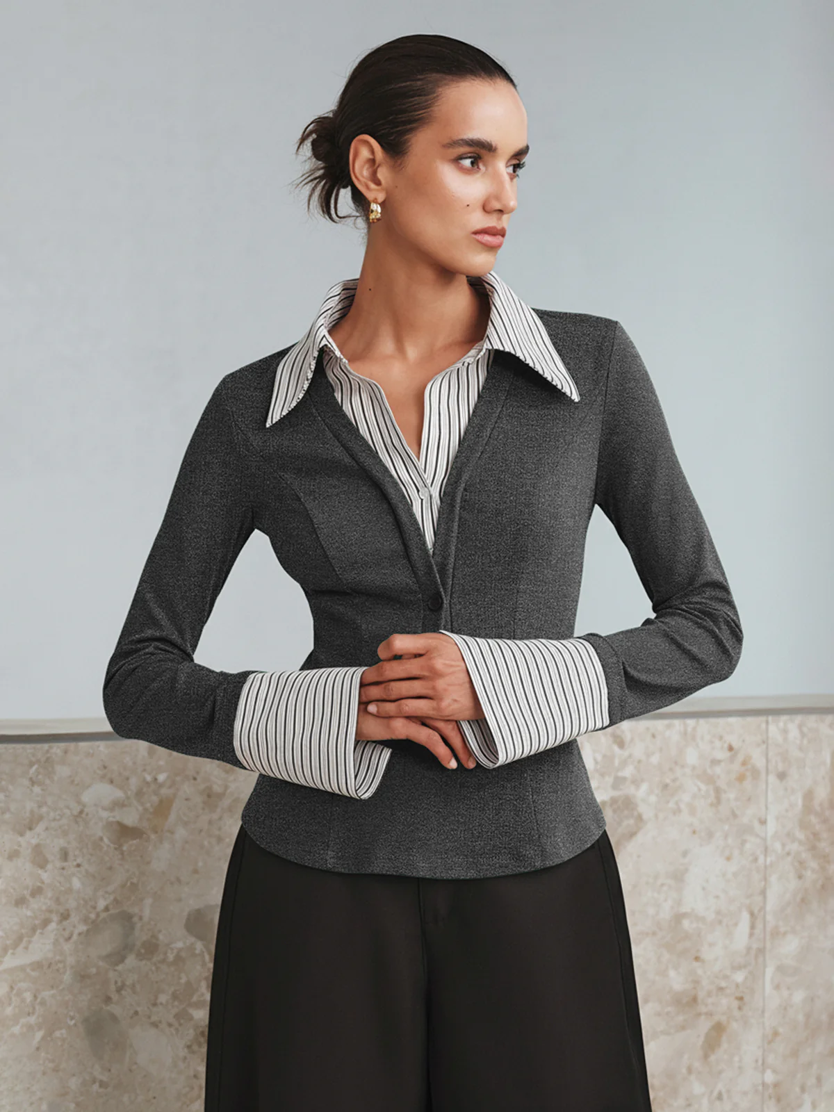 Mock Two-Piece Long-Sleeve Two Tone Polo Top