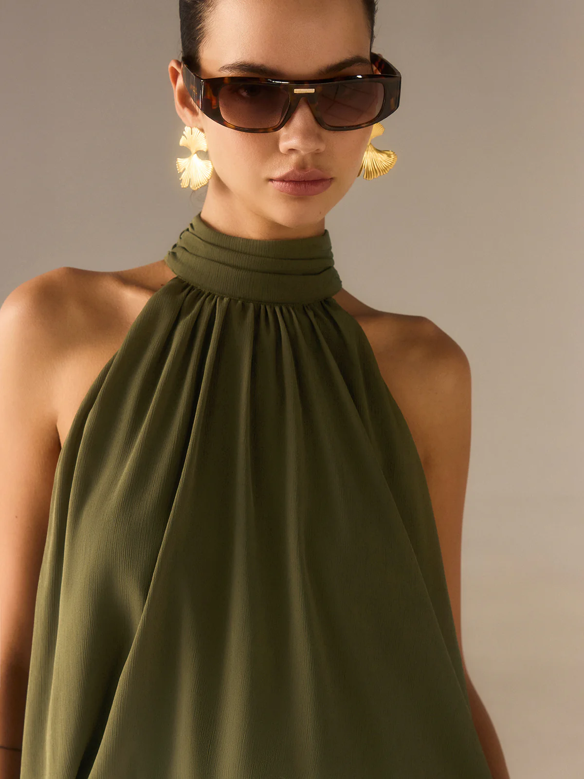 Semi-Sheer Halter-Neck Chiffon Long Top