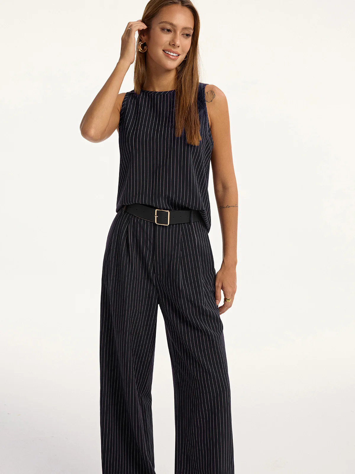 Pinstripe Sleeveless Top and Pants Set with Belt