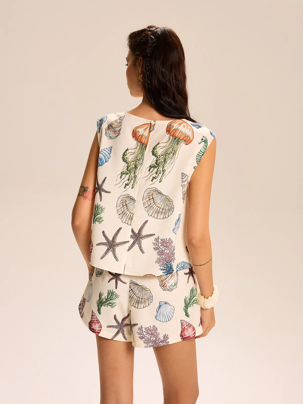 Seashell Print Sleeveless Top and Shorts Set