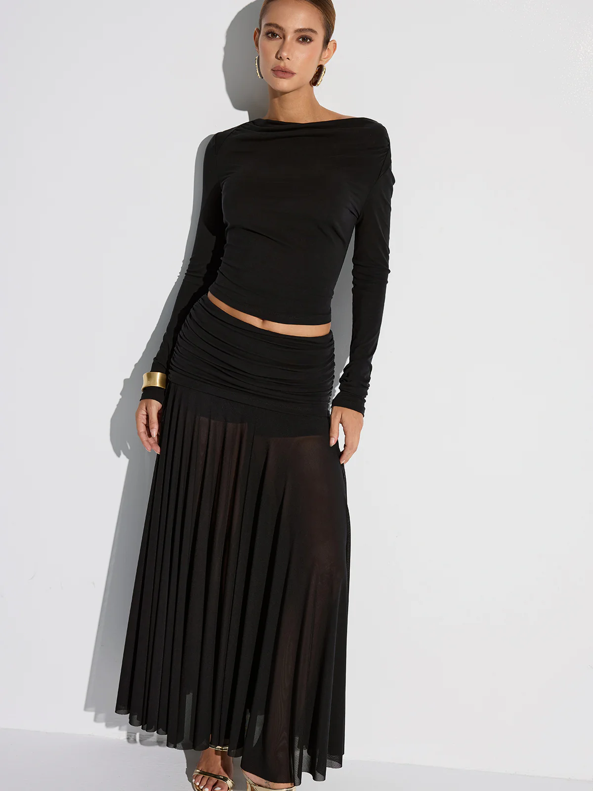Draped Long Sleeve Top and Mesh Pleated Skirt Set