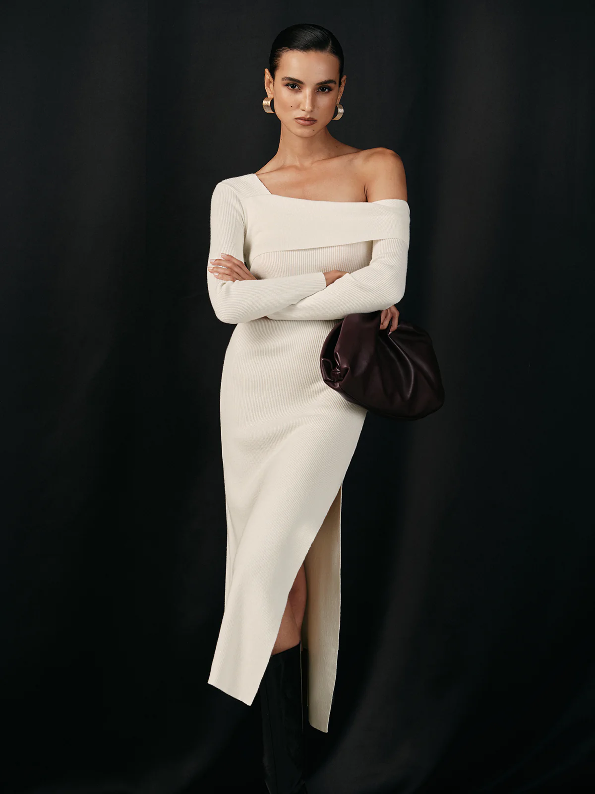 One Shoulder Wool Blend Knit Midi Slit Dress