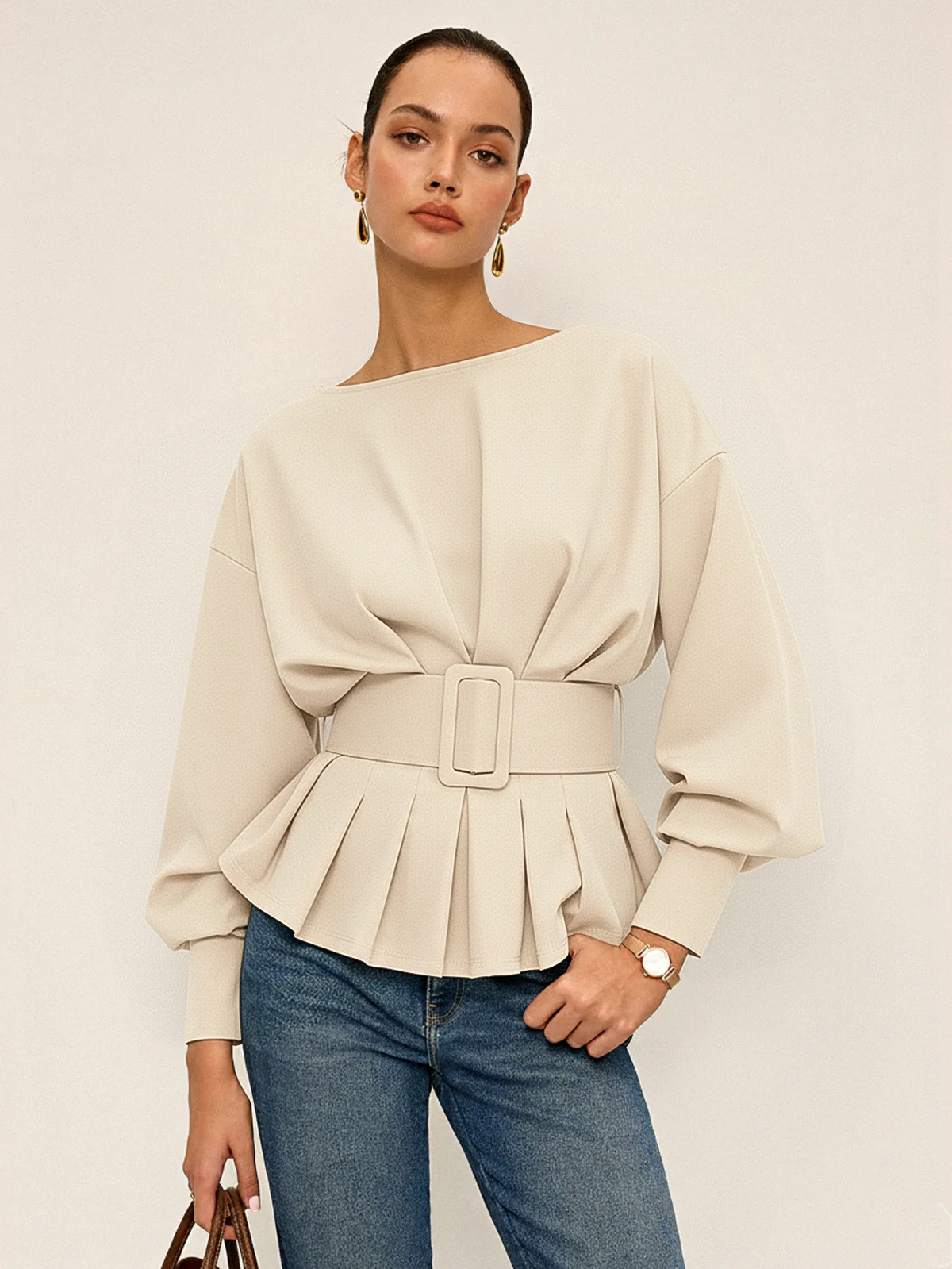 Boat Neck Peplum Sweatshirt with Wide Belt