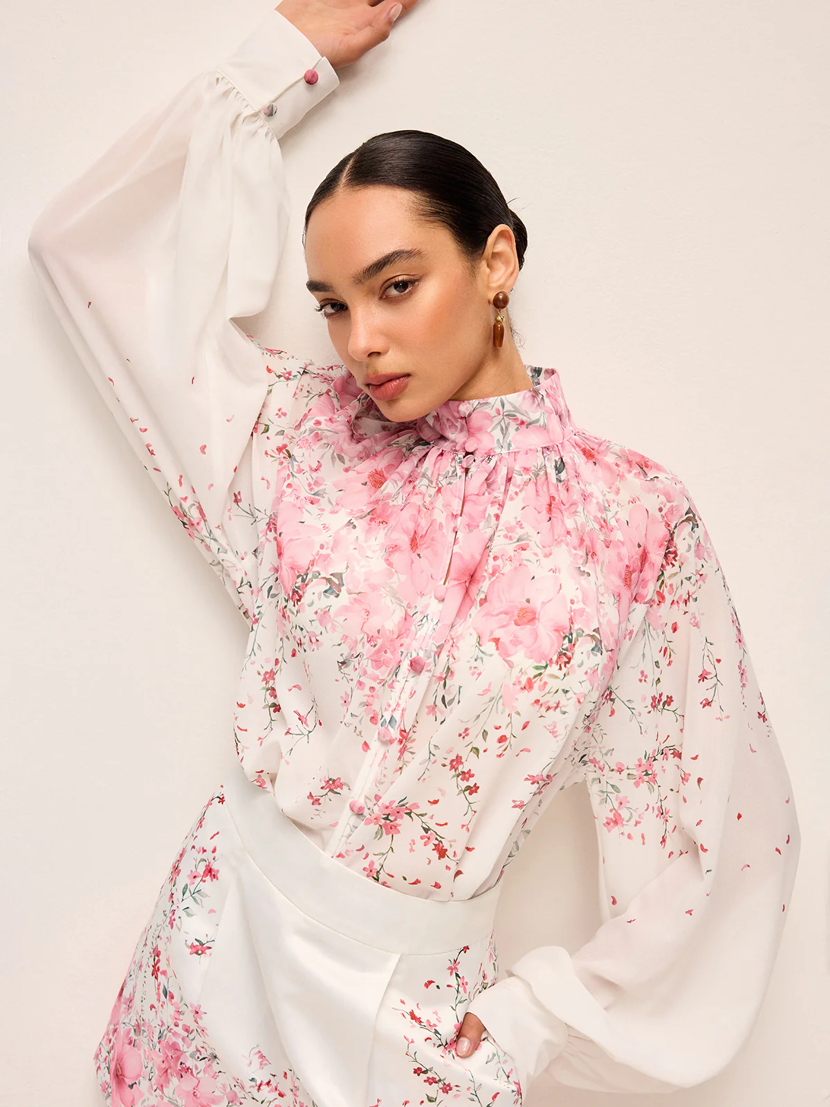 Floral Print Pleated Shorts Set Without Belt