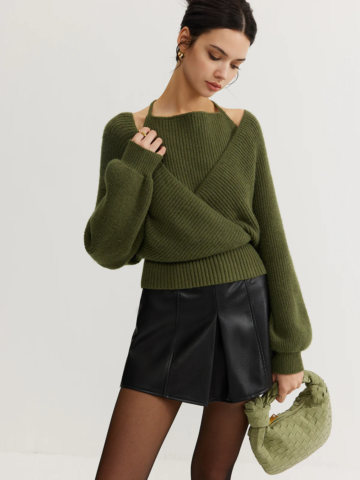 2 in 1 Bat Sleeve Halter Knit Top