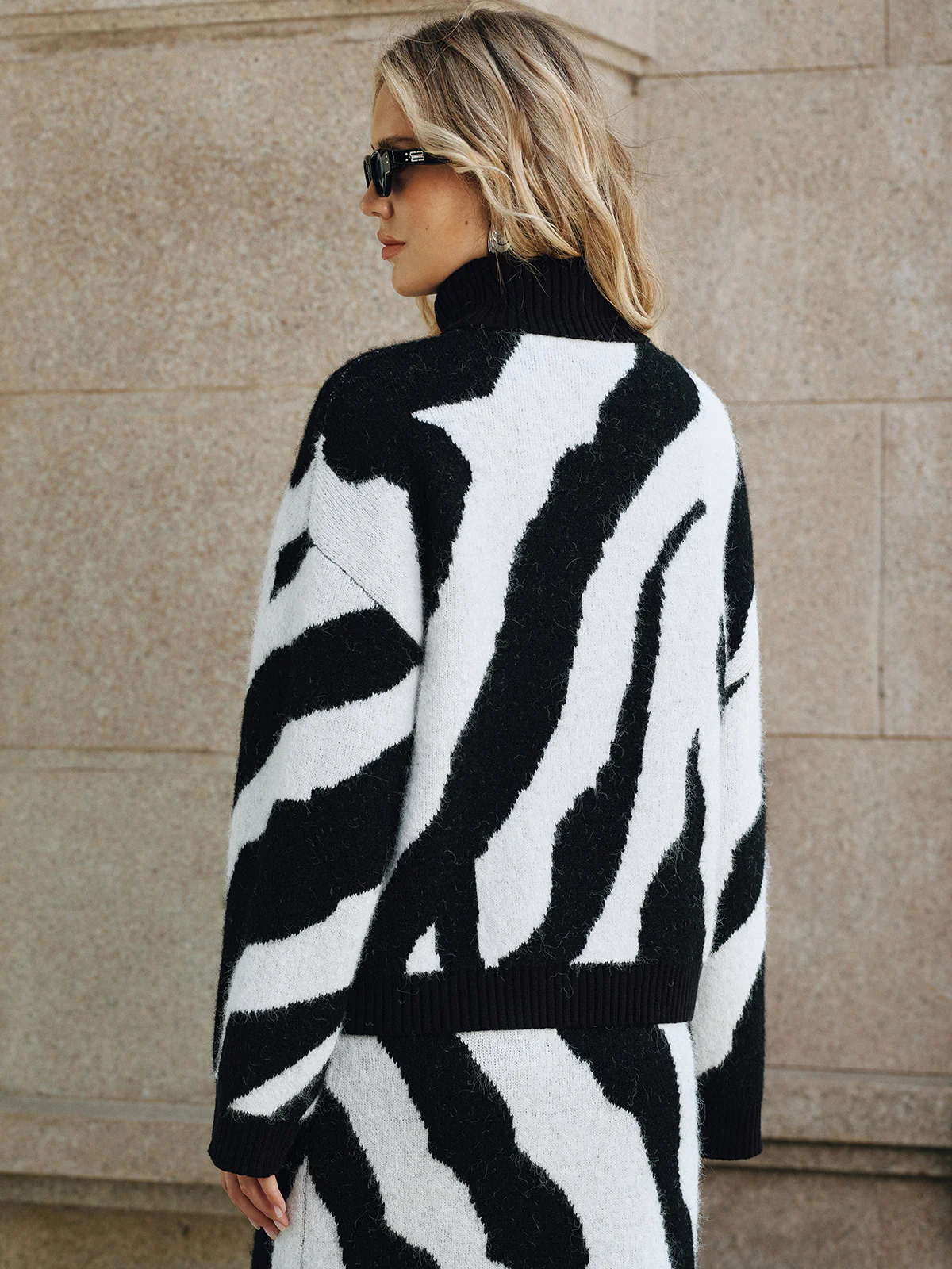 Zebra Print Turtleneck Wool Blend Sweater