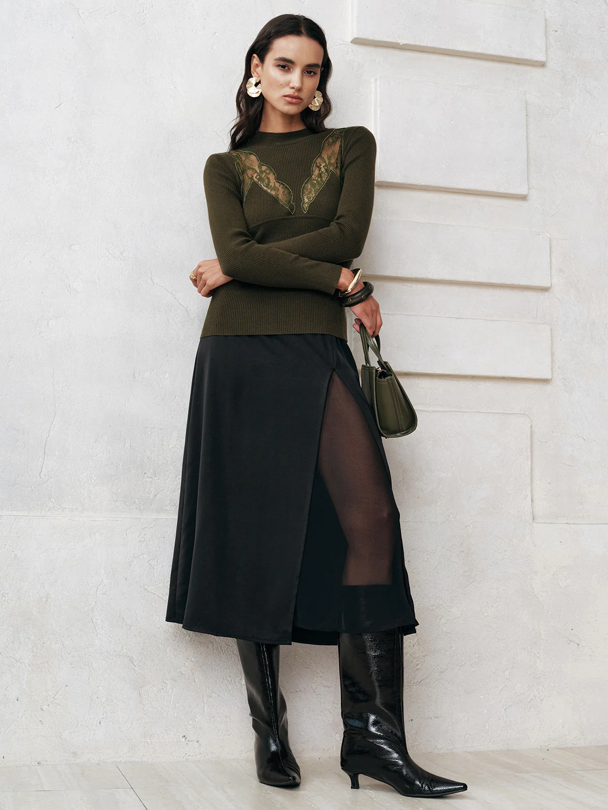 Sheer Slit Midi Skirt without Belt