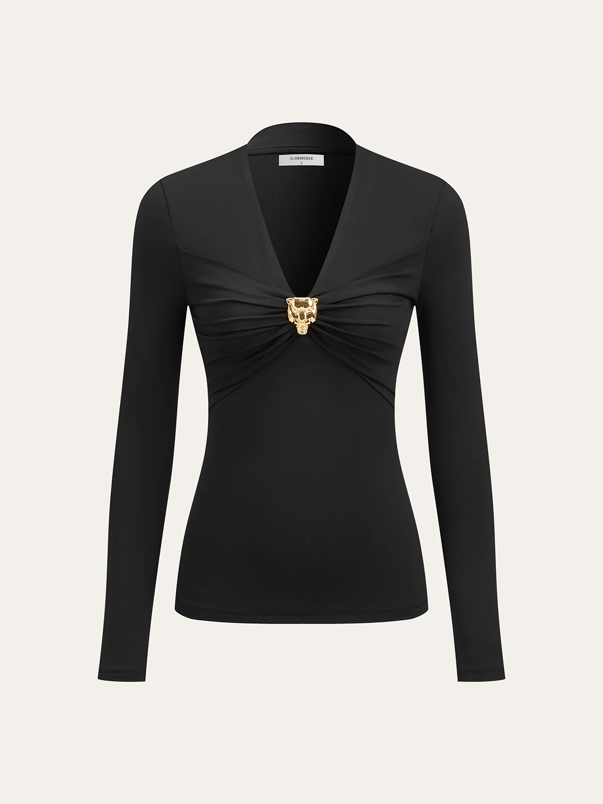 Metal Detail V-Neck Long Sleeve Blouse