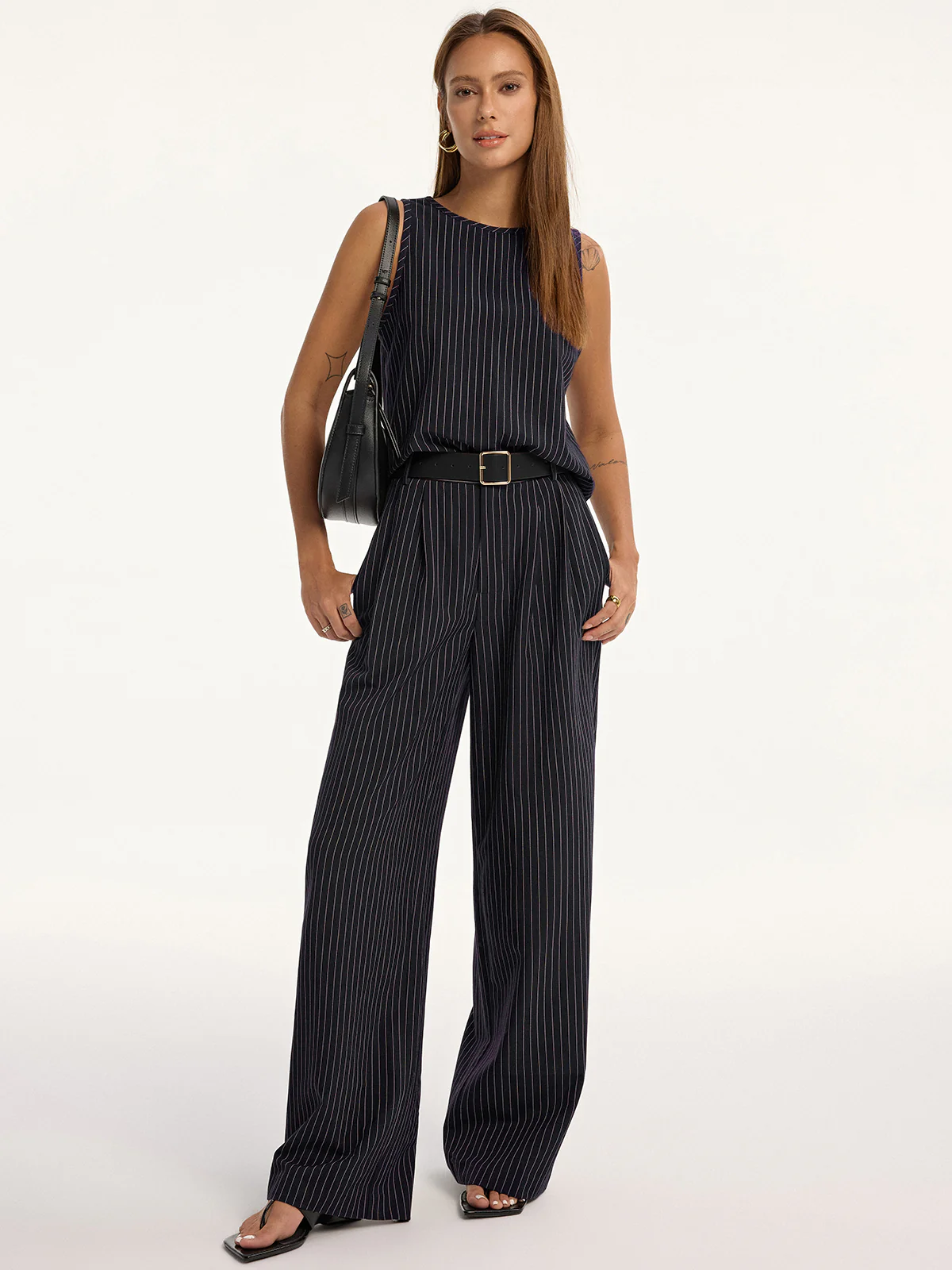 Pinstripe Sleeveless Top and Pants Set with Belt