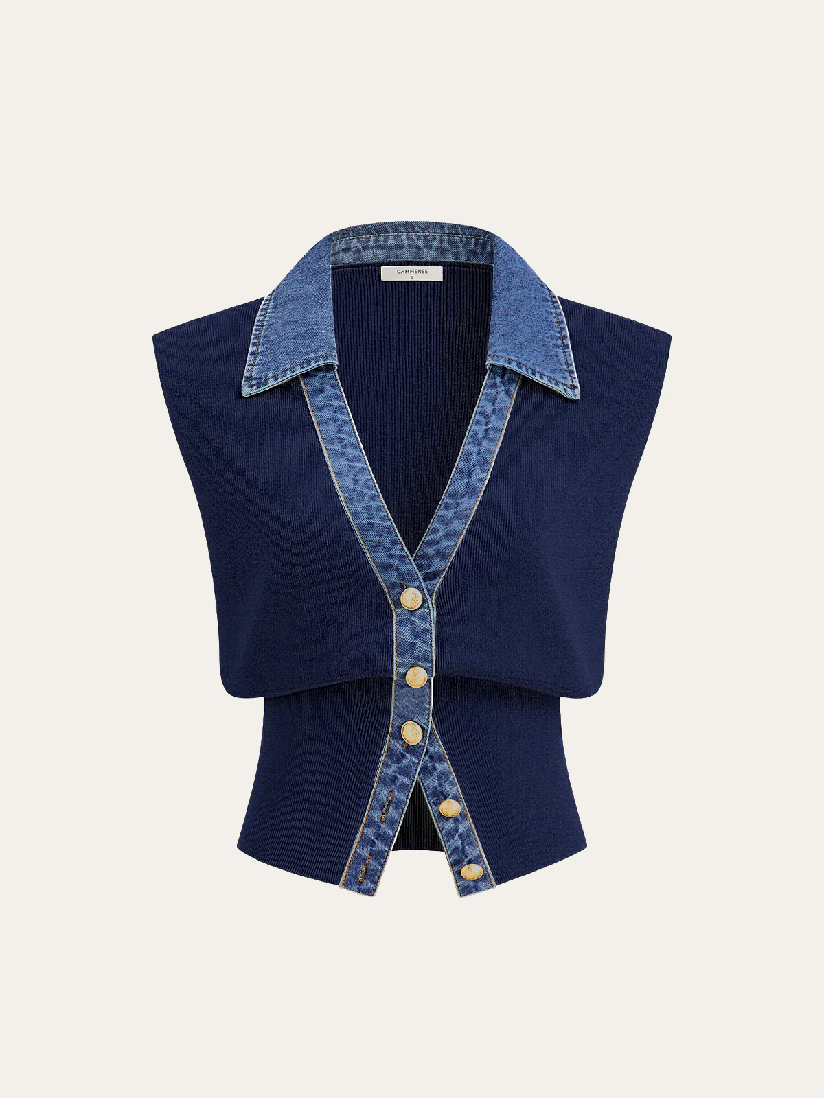 Denim Trim Metal Button Knit Vest