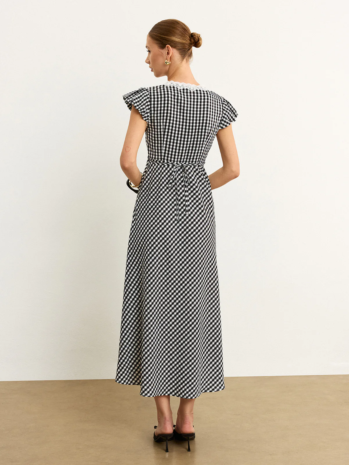 Gingham Lace-Trimmed Midi Dress