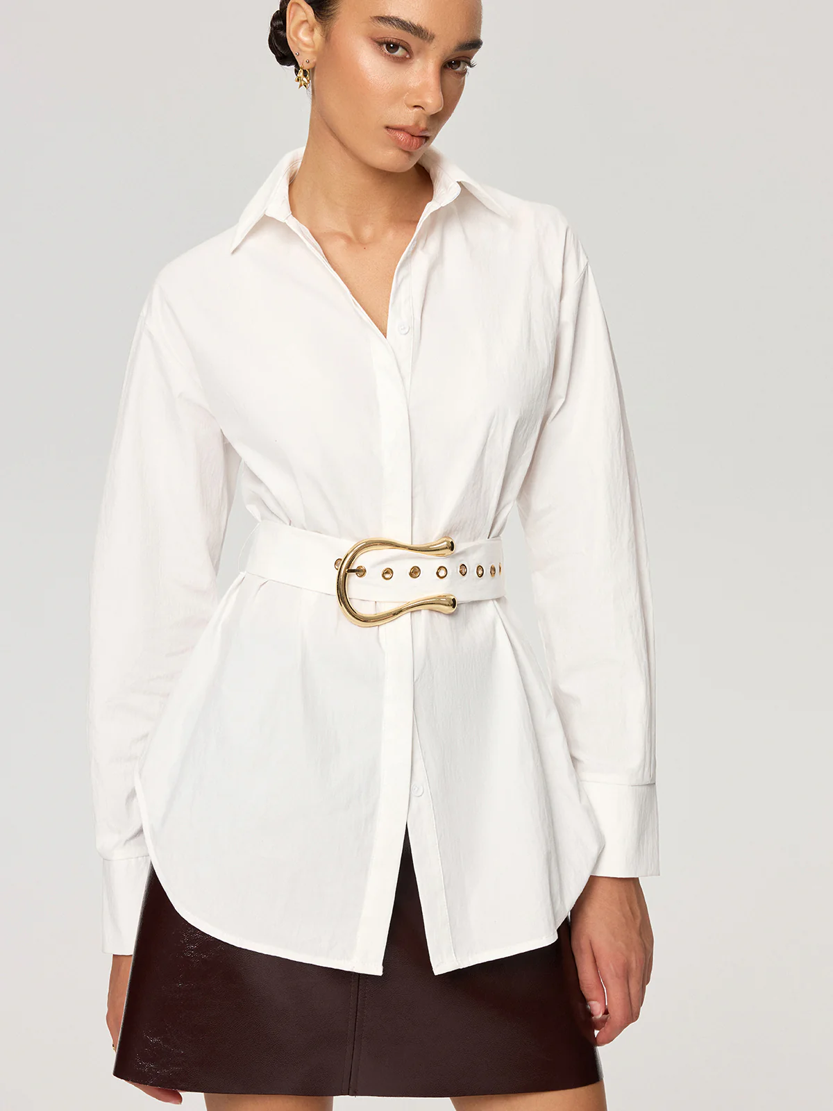 Cotton Blend Shirt with Metal Buckle Belt