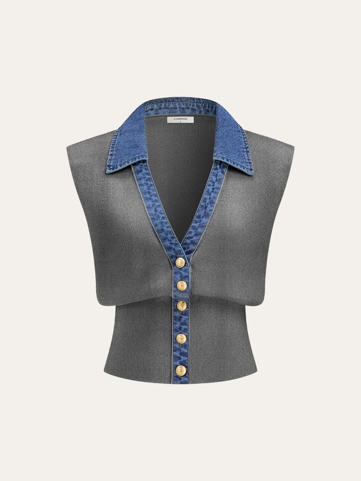 Denim Trim Metal Button Knit Vest